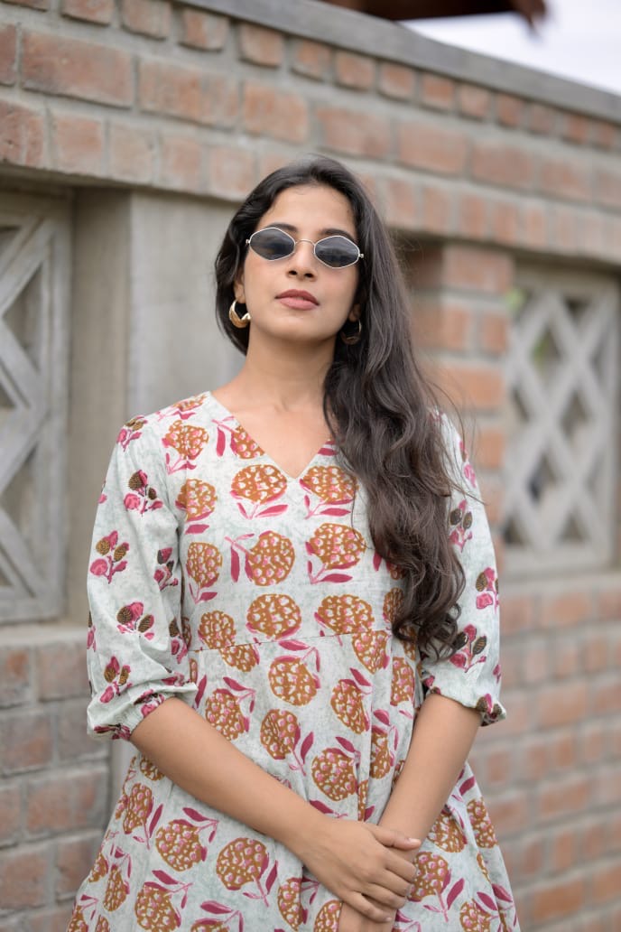 Eira - handblock printed A line cotton dress with pockets  vastarathelabel