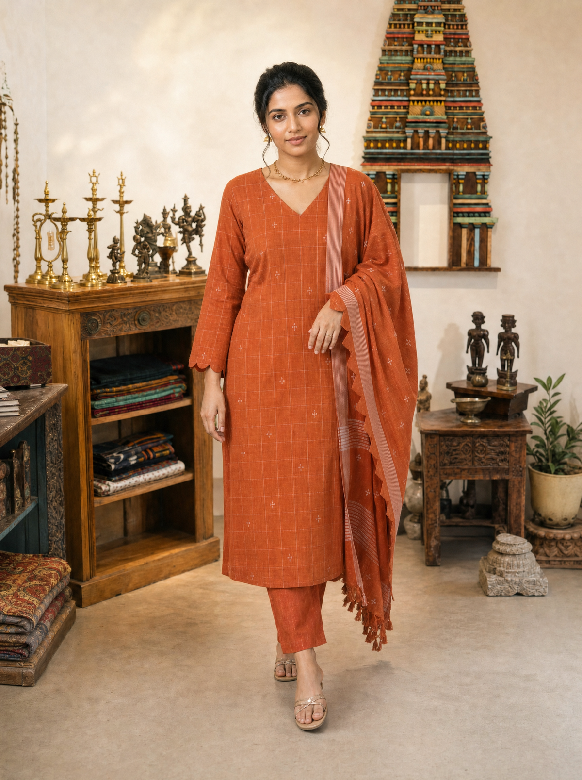 Nithila(Rust Terracotta) – Grid & Jamdani Woven Handloom Cotton Suit Set in Rust Terracotta