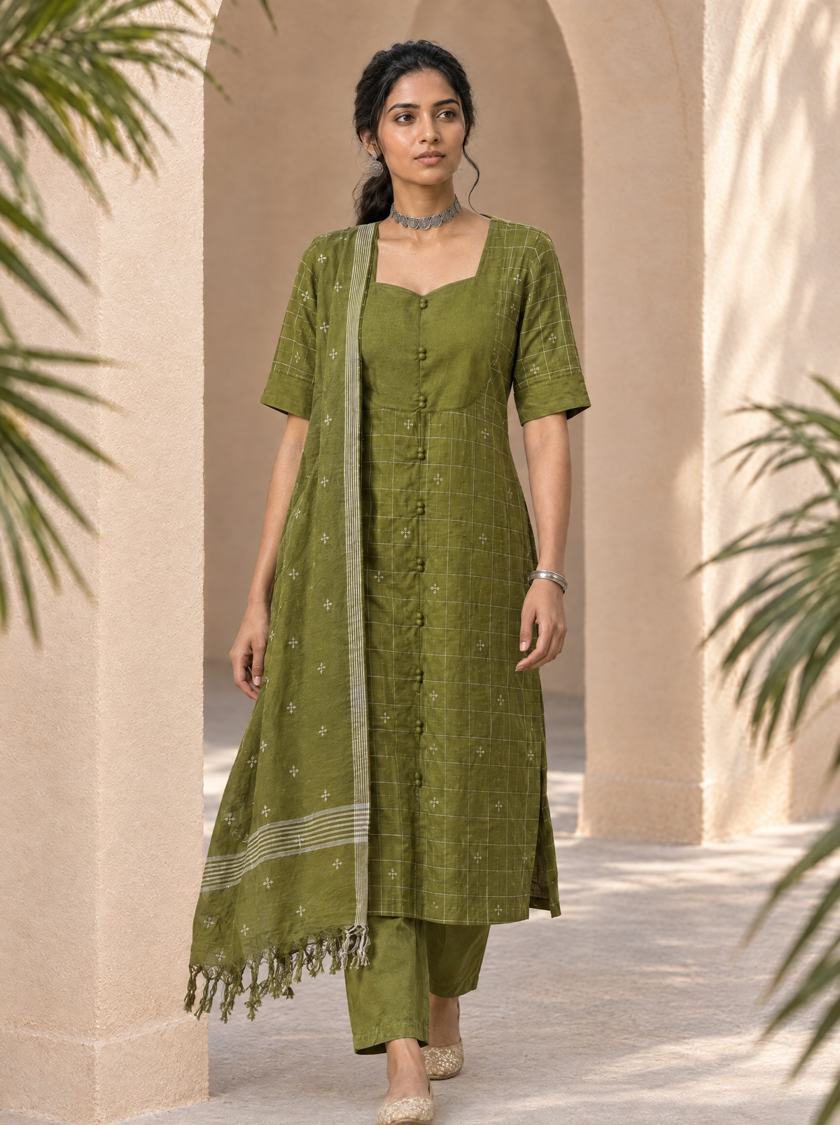 Nithila(Olive Green) – Grid & Jamdani Woven Handloom Cotton Suit Set in Olive Green