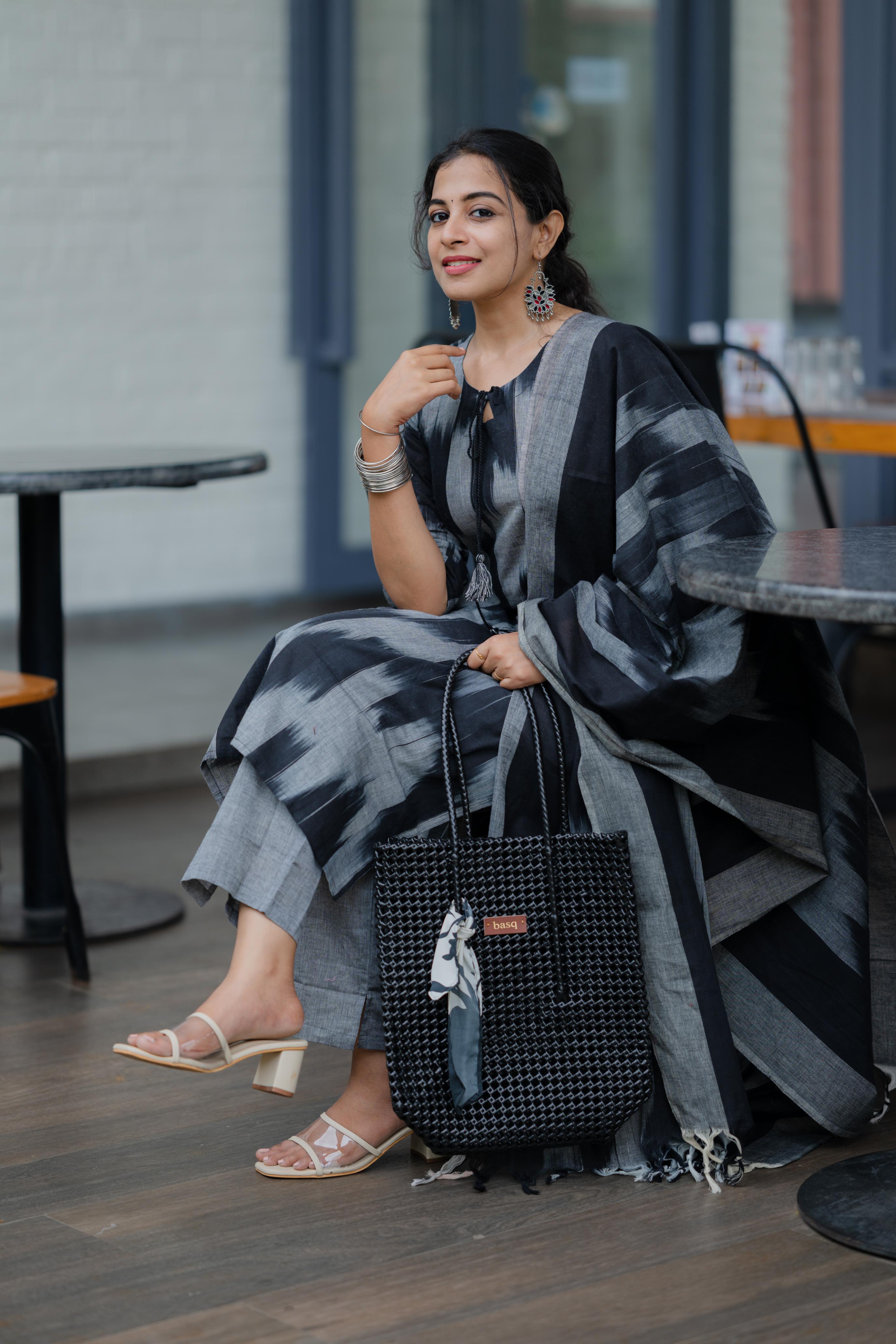 Kalki ( black) - ikat handloom cotton suit set with dupatta in black & grey