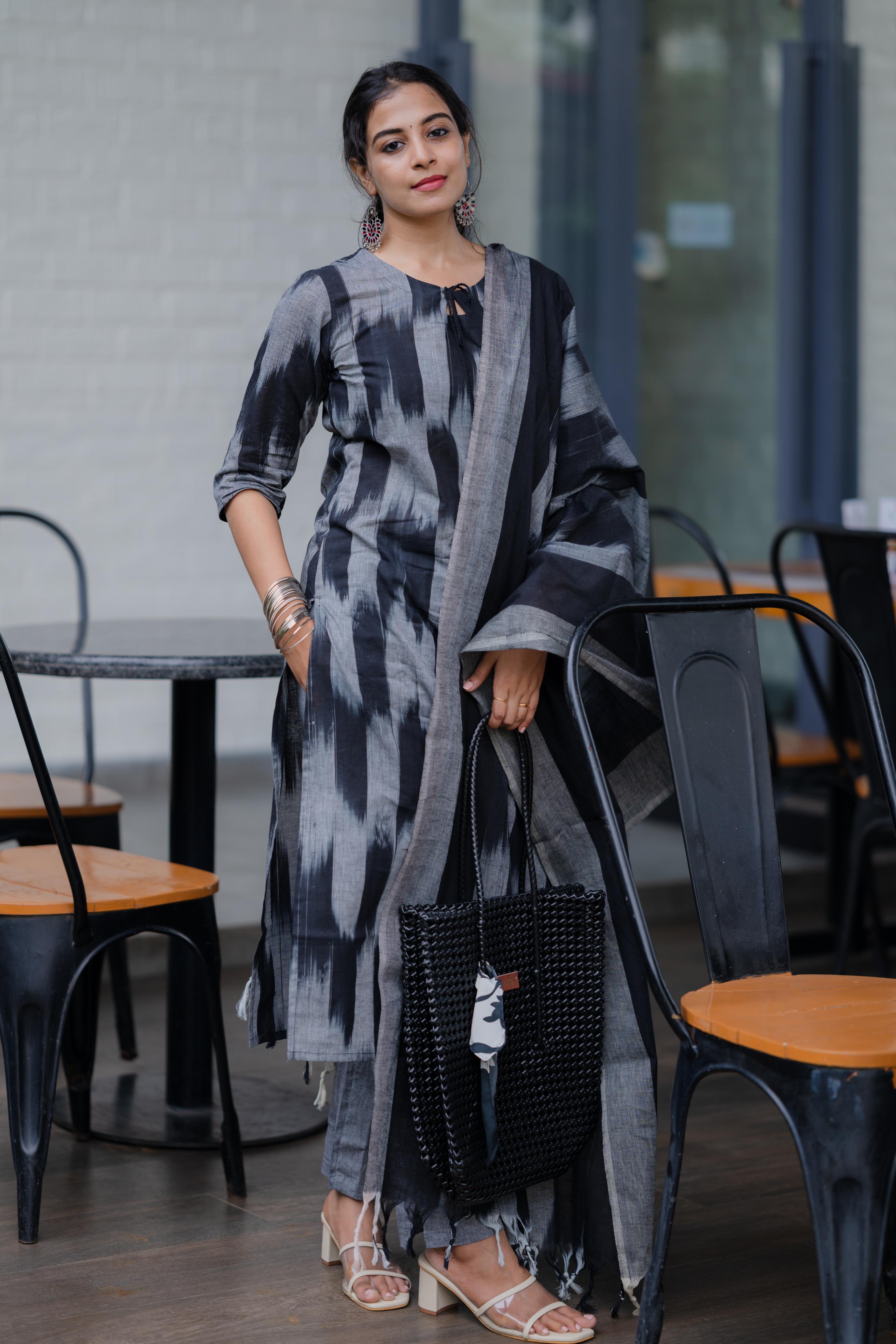Kalki ( black) - ikat handloom cotton suit set with dupatta in black & grey
