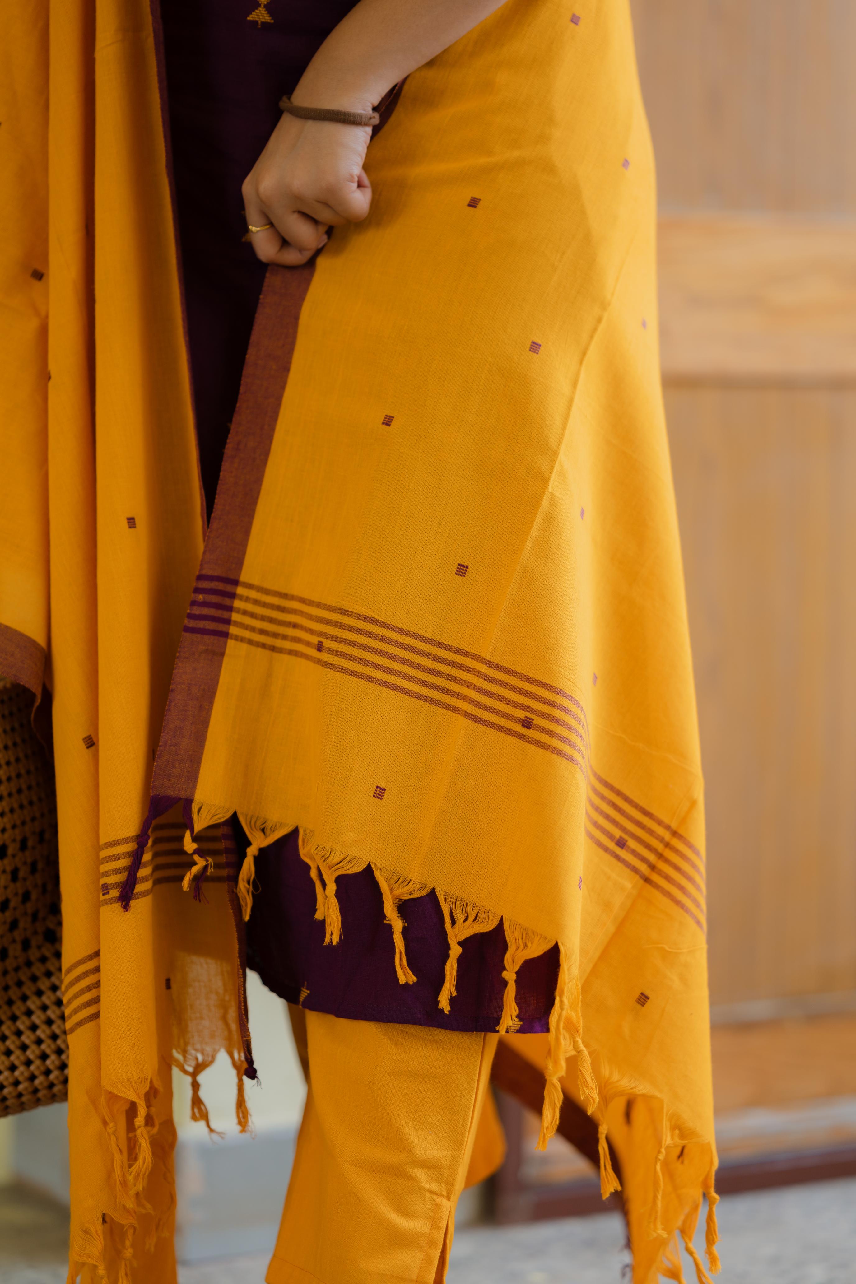 Tharangini - handloom cotton suit set in wine & mango yellow