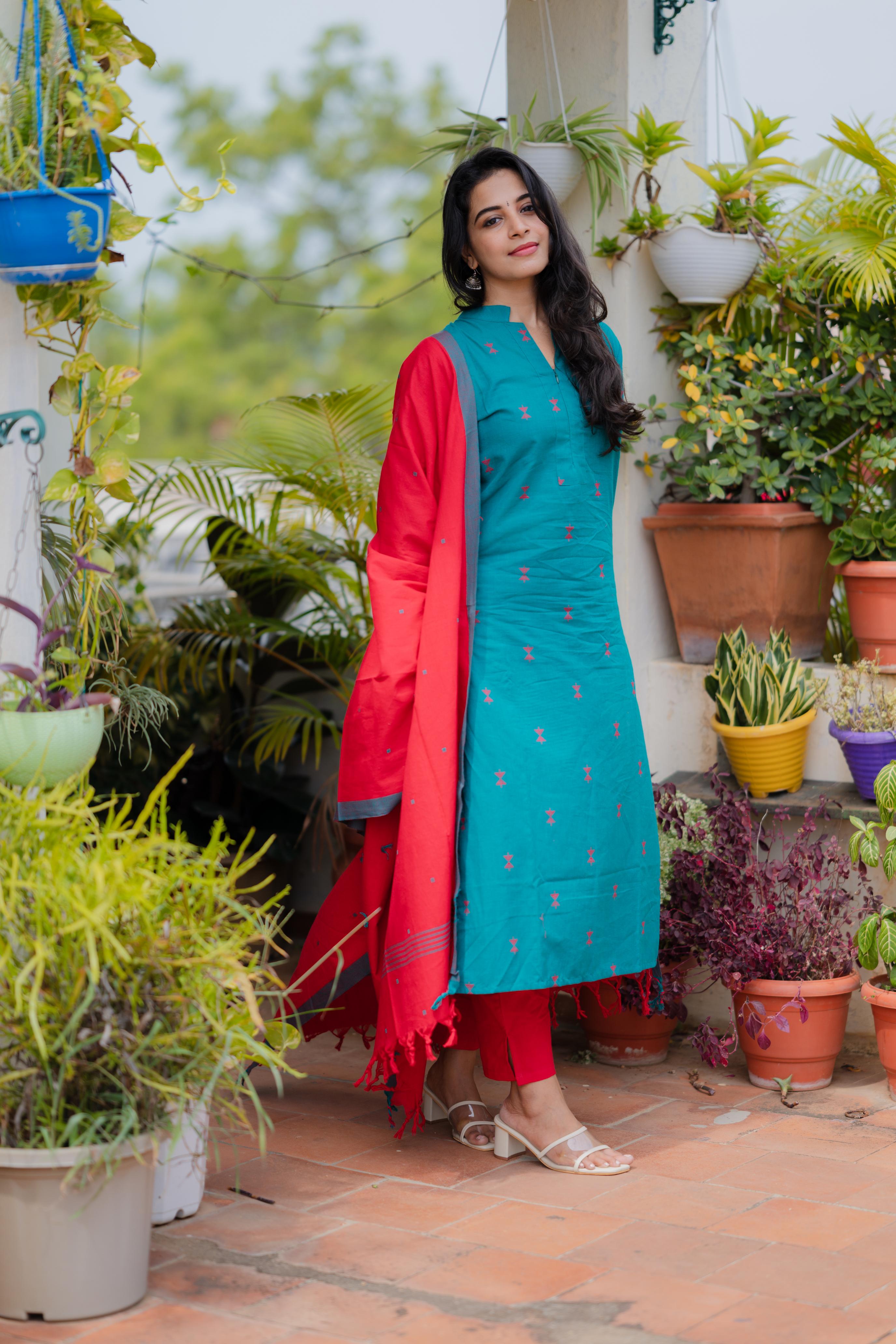 Tharangini - handloom cotton suit set in turquoise blue & red