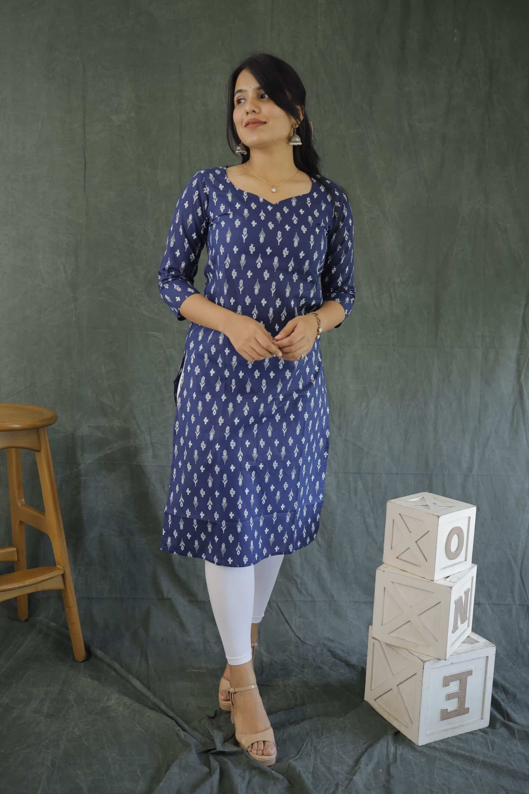 Kurti 77- Floral motif hand block printed kurti in blue