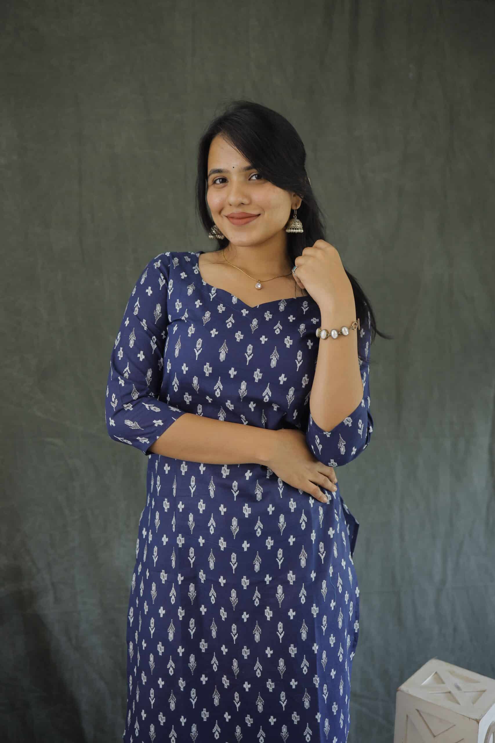 Kurti 77- Floral motif hand block printed kurti in blue