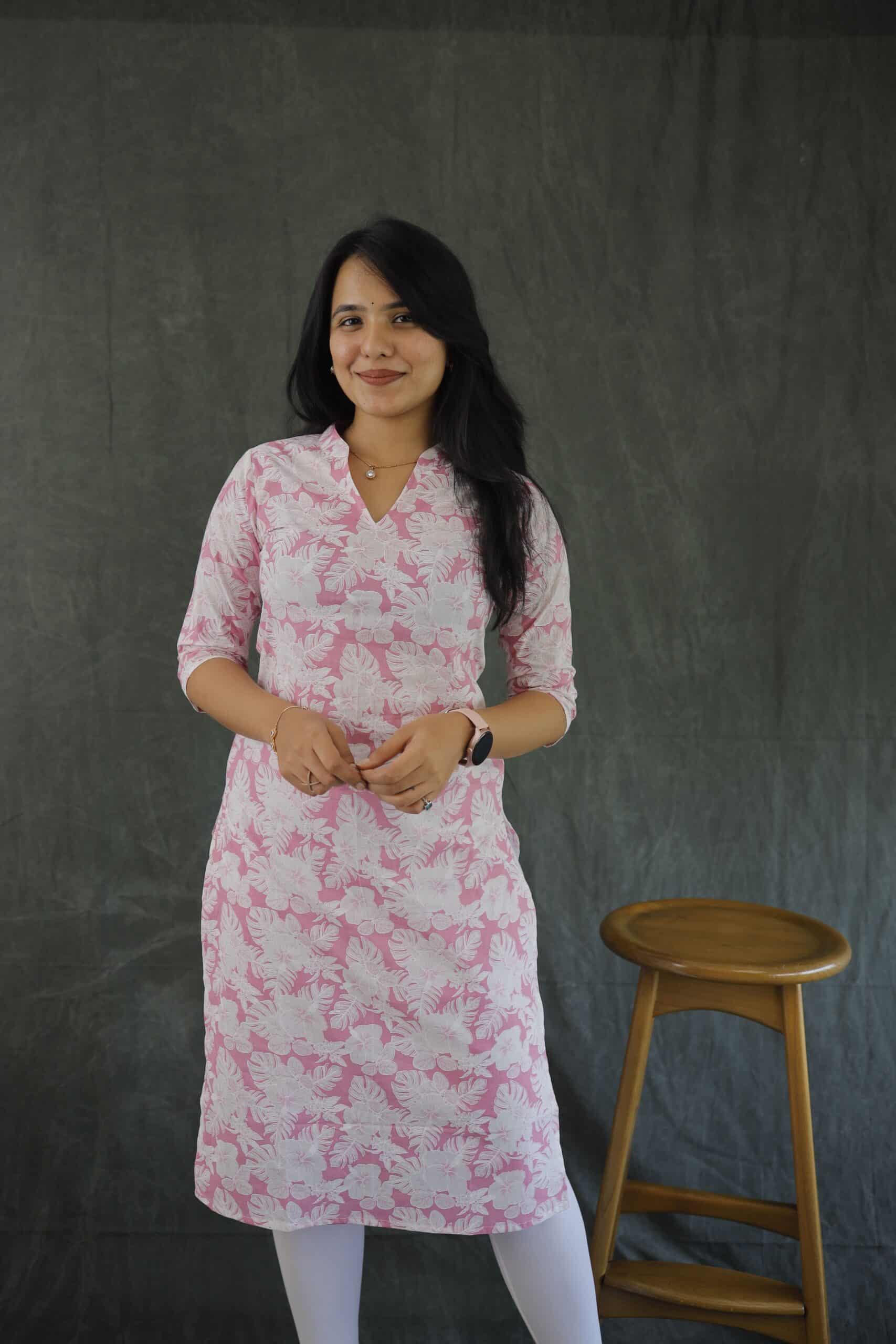 Kurti 74 - Floral hand block printed kurti in pink