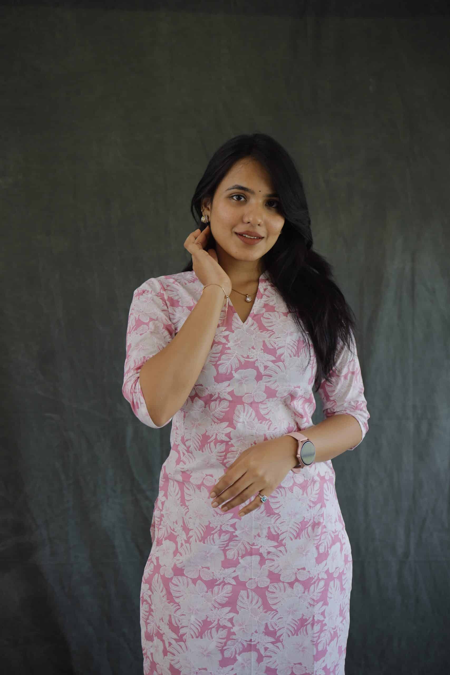 Kurti 74 - Floral hand block printed kurti in pink