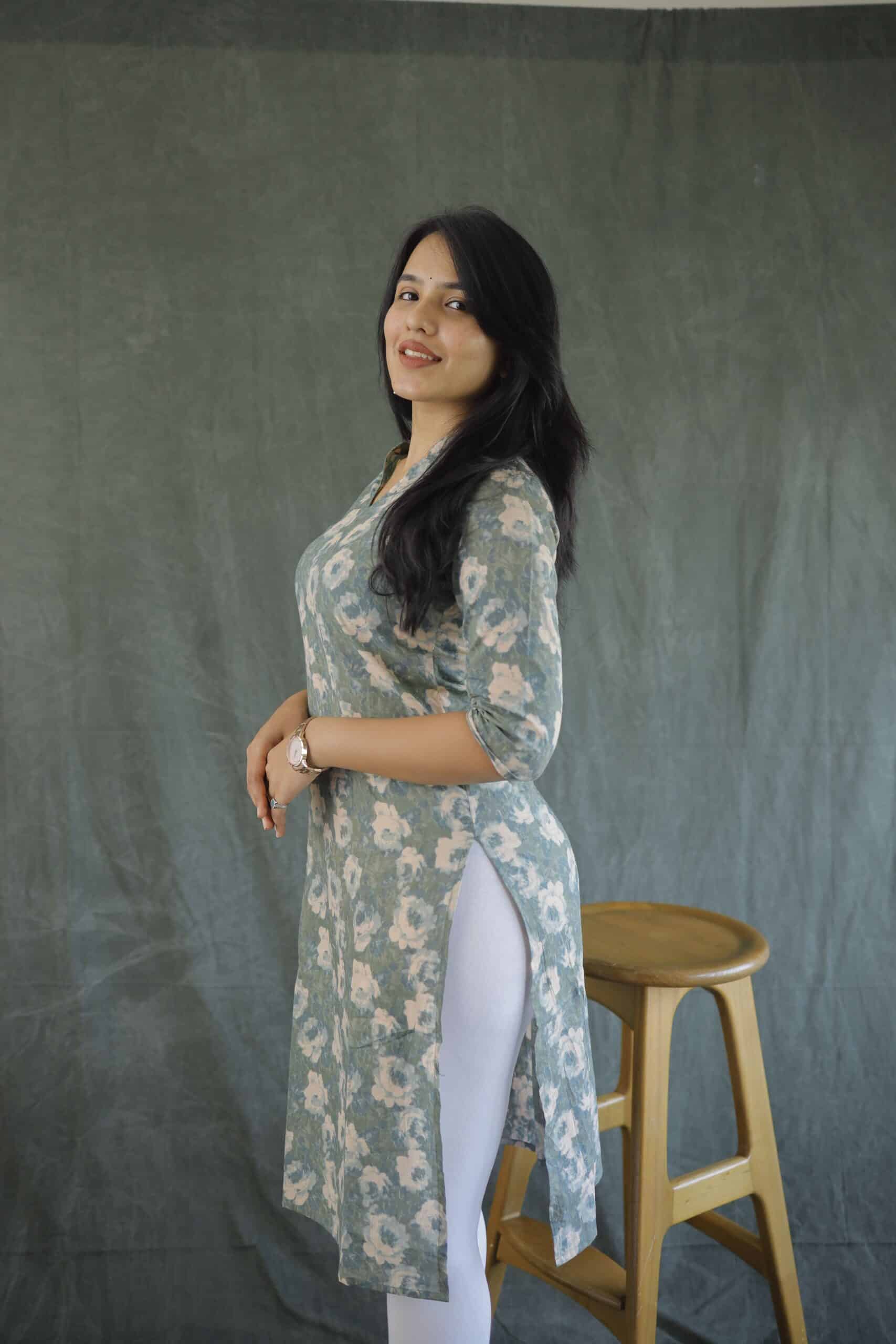 Kurti 73 - Floral hand block printed kurti in pastel Green