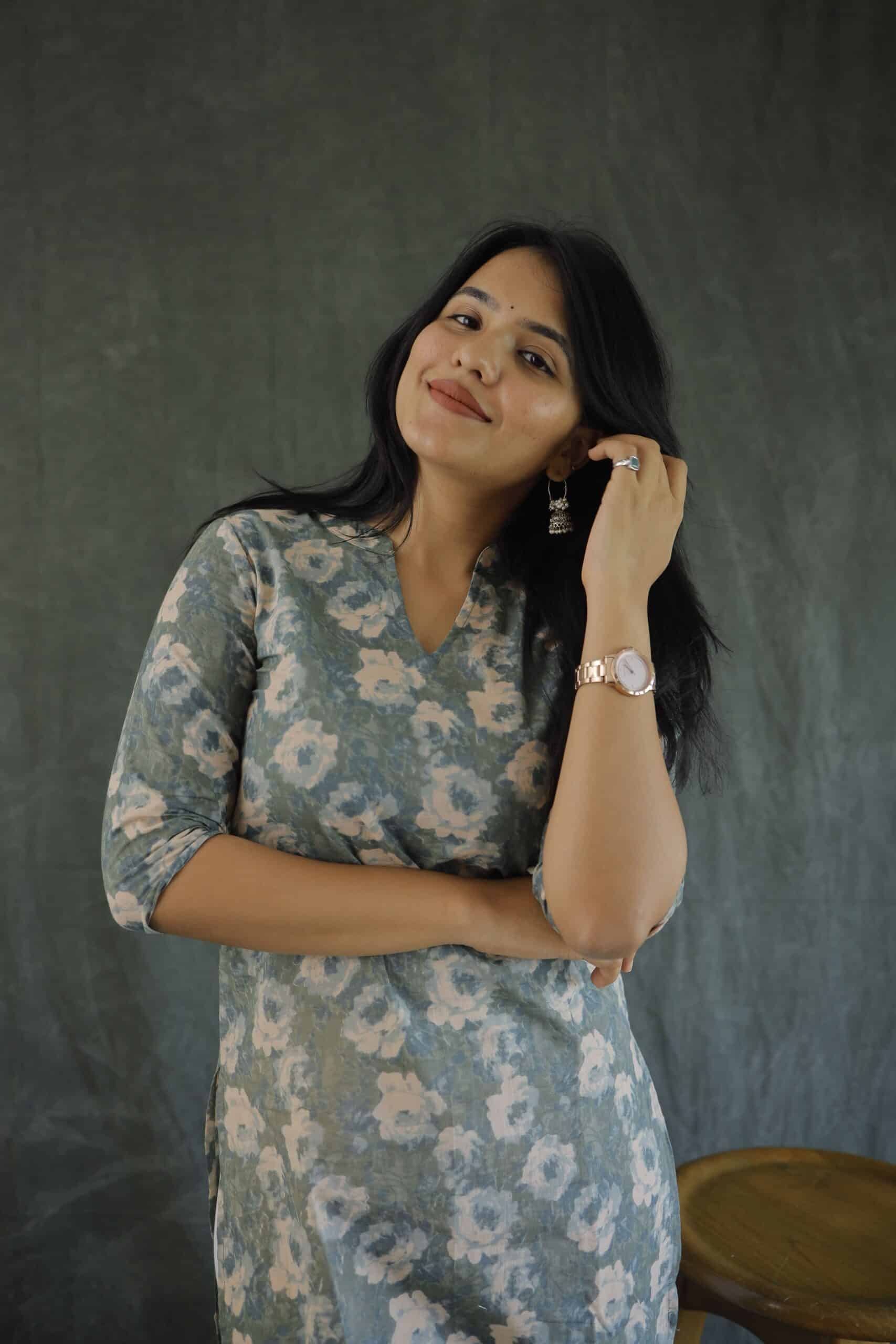 Kurti 73 - Floral hand block printed kurti in pastel Green
