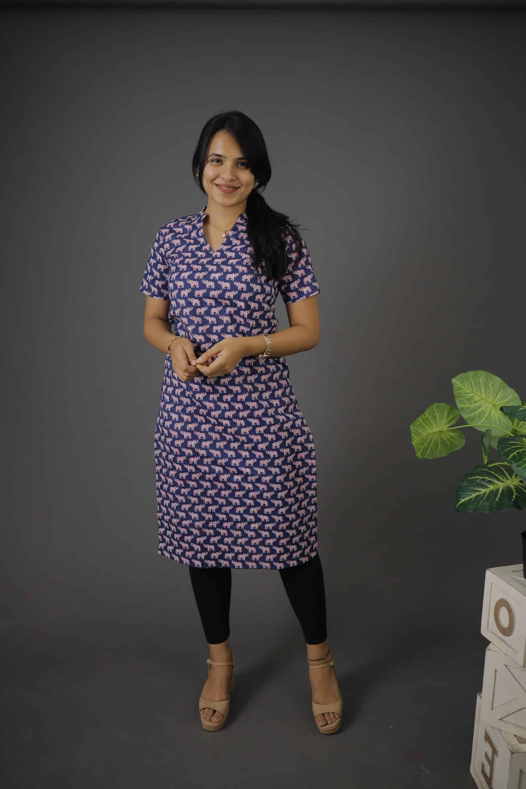 Kurti 71- Elephant hand block printed kurti in blue