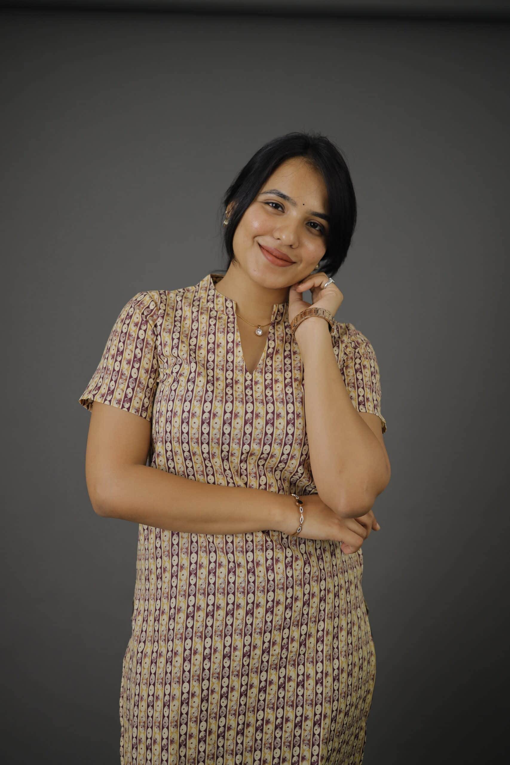 Kurti 70 - abstract hand block printed kurti in Yellow and purple