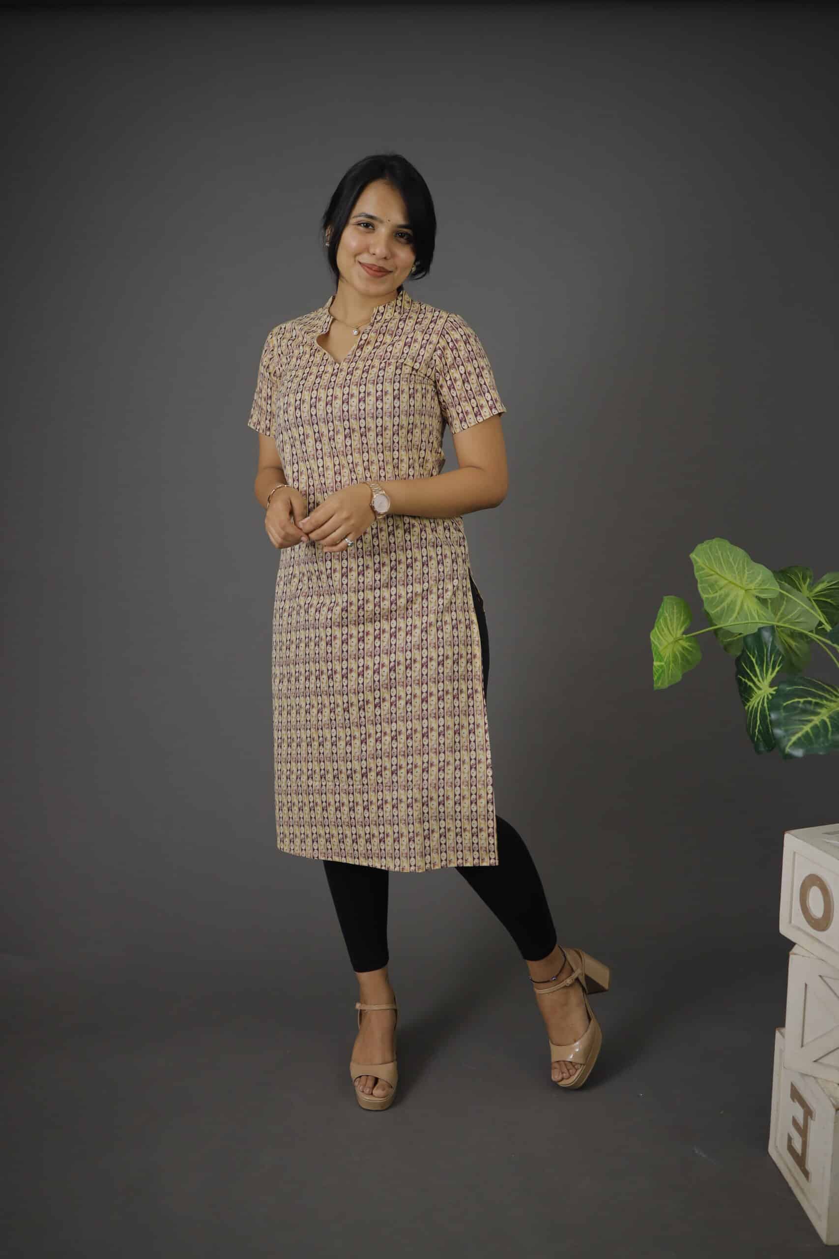 Kurti 70 - abstract hand block printed kurti in Yellow and purple