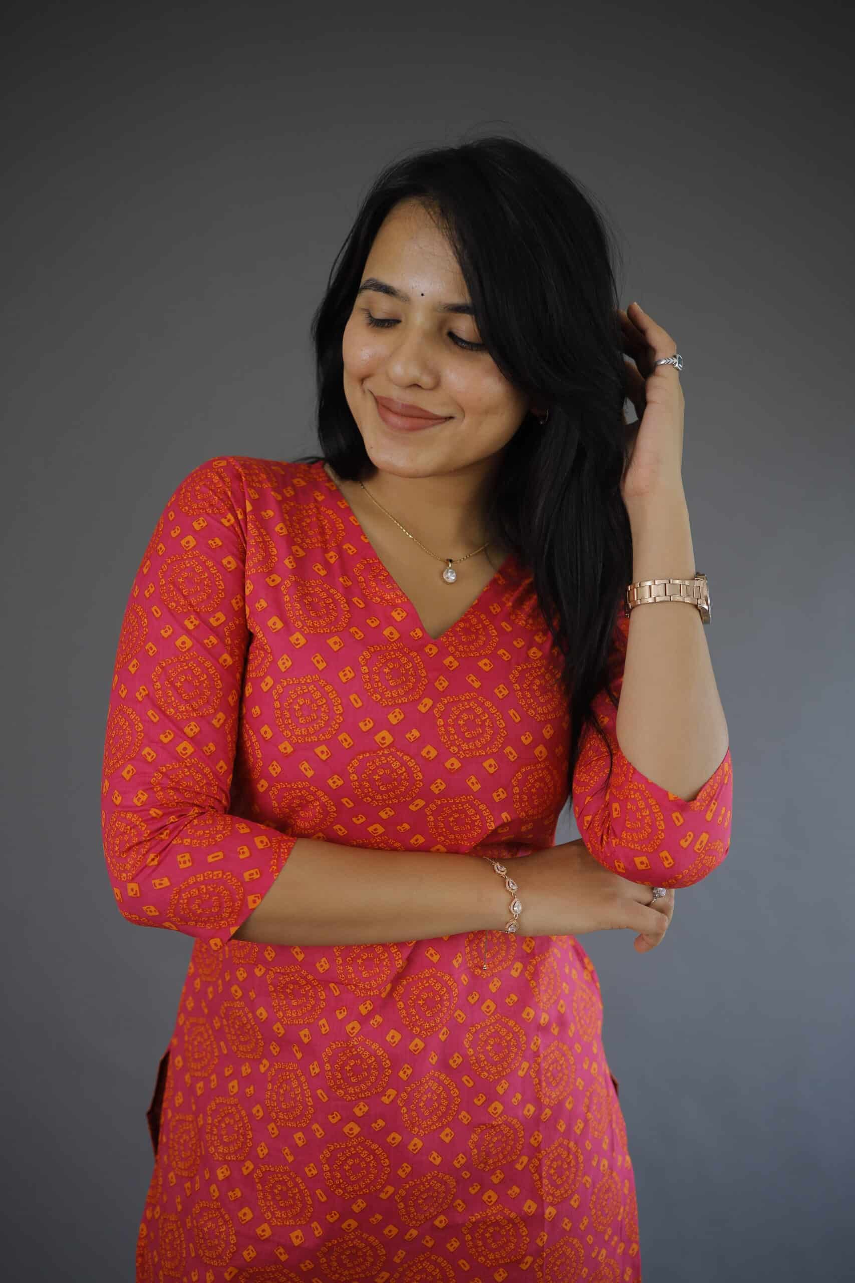 Kurti #69 - bandhani handblock printed kurti in pink and orange
