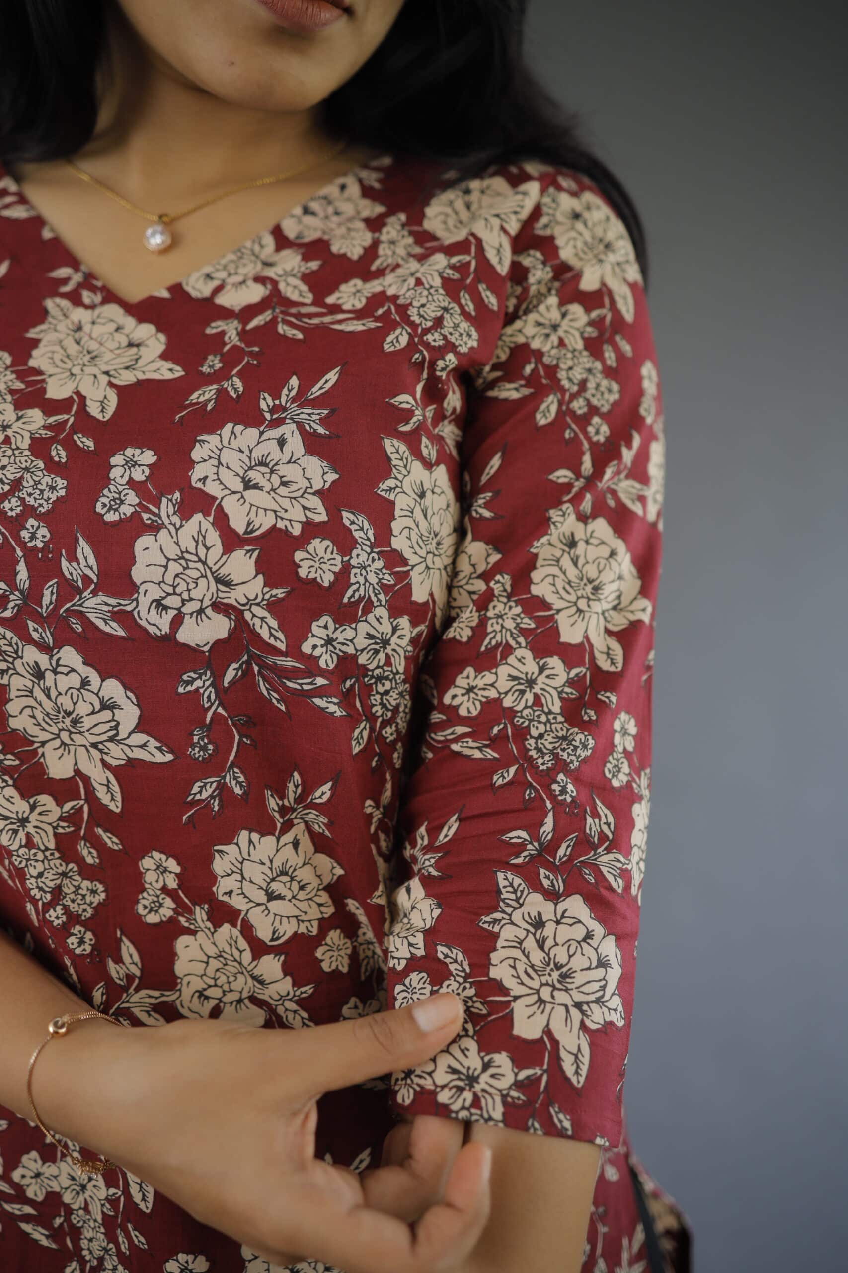 Kurti #68 - Floral hand block printed kurti in wine