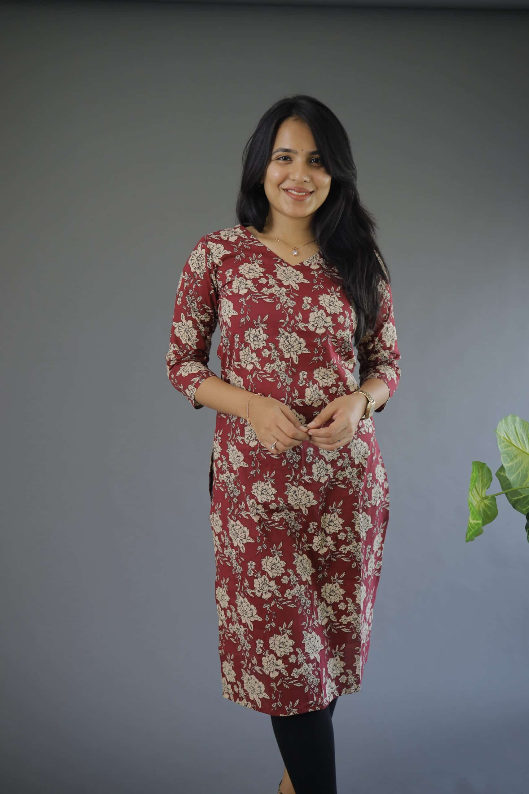 Kurti #68 - Floral hand block printed kurti in wine