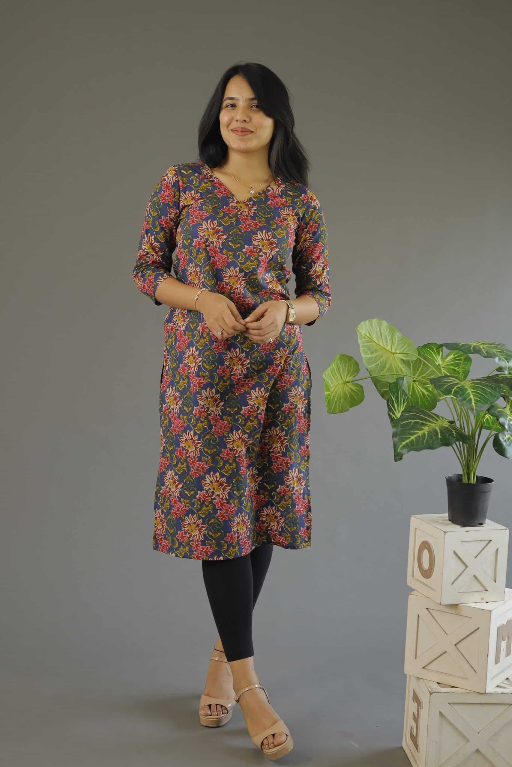 Kurti #66 - Multicolour floral hand block printed cotton kurti