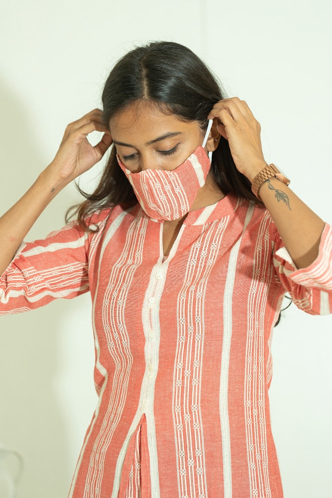 Ivonne(peach) - khadi cotton leno dobby handwoven kurta set in peach