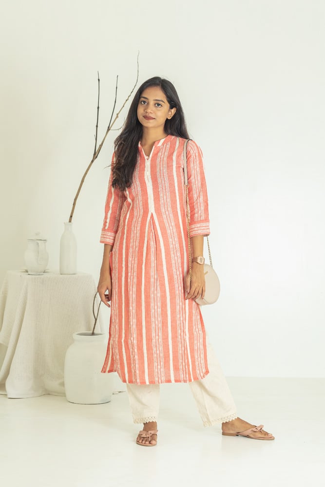 Ivonne(peach) - khadi cotton leno dobby handwoven kurta set in peach