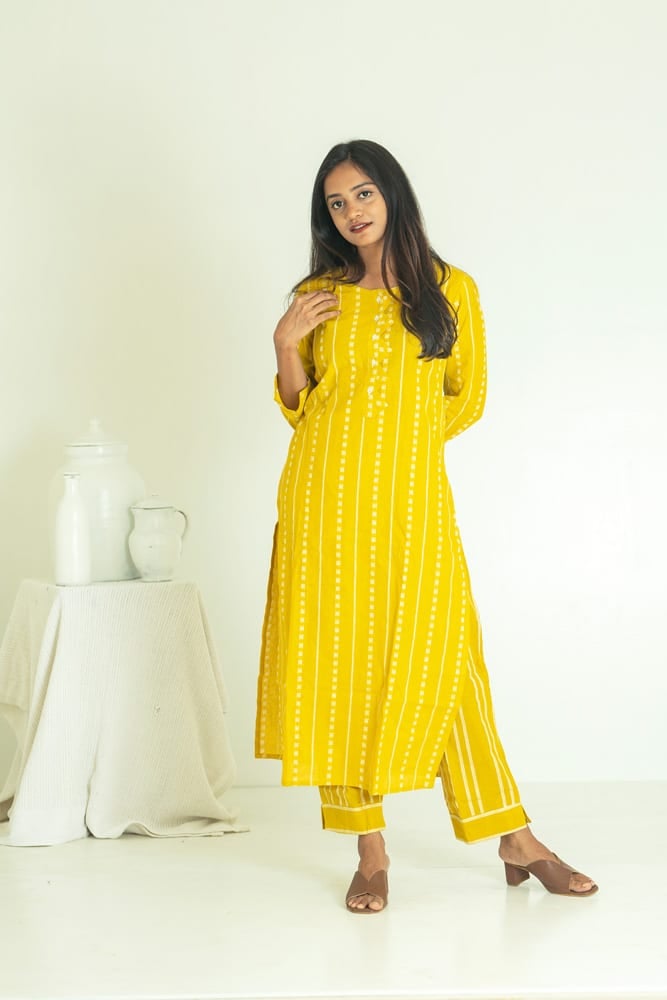 Urva coord- Handloom cotton with hand woven buttas and striped coord set in mustard yellow (feeding friendly)