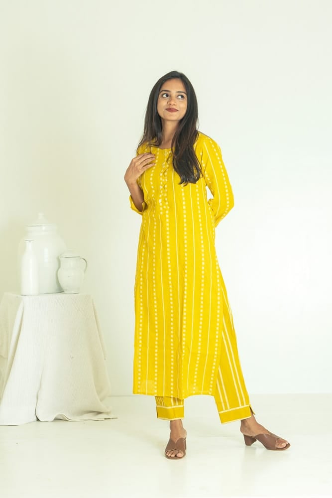 Urva coord- Handloom cotton with hand woven buttas and striped coord set in mustard yellow (feeding friendly)