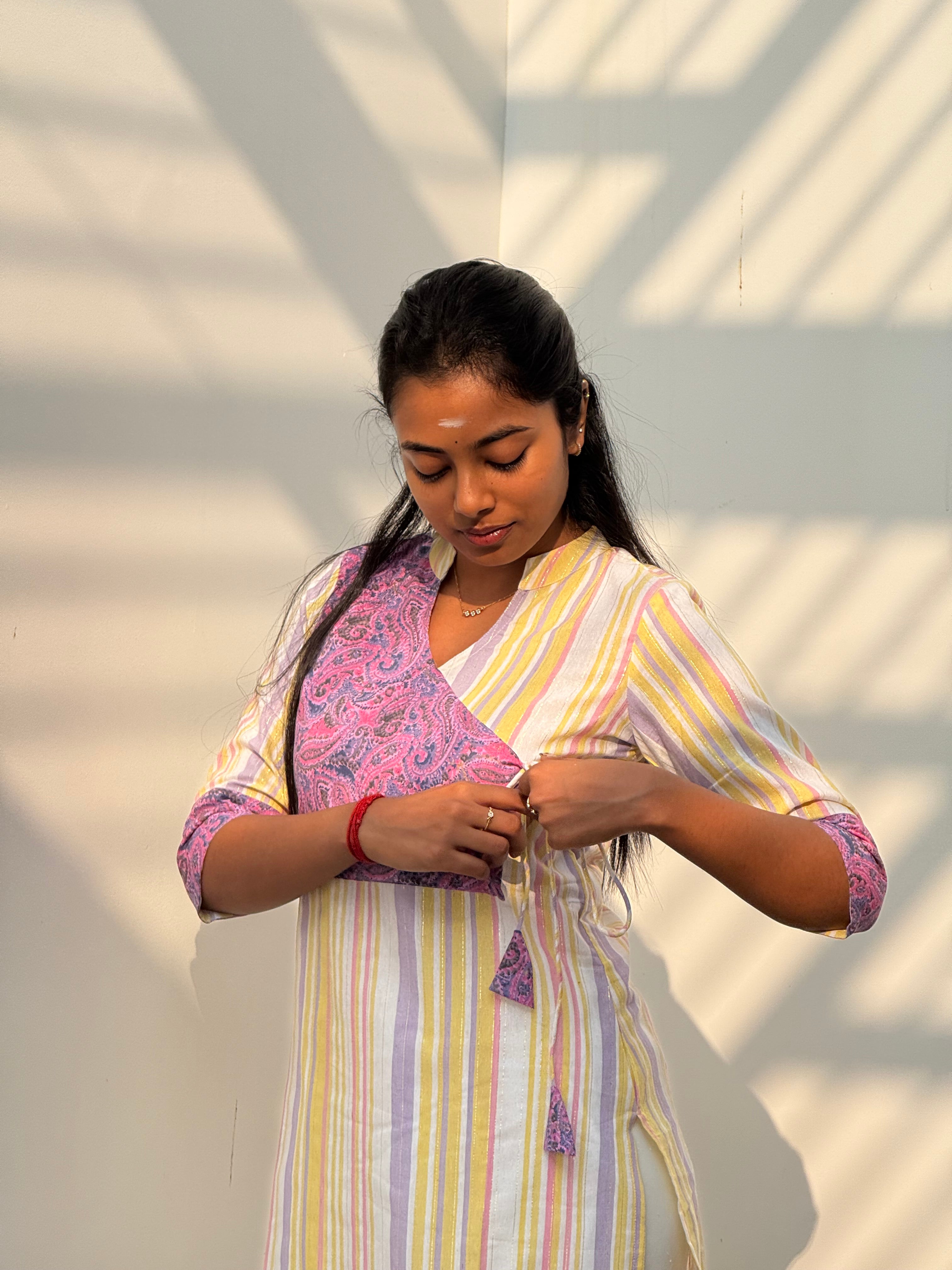 Pattern kurti 51- Handloom cotton kurti in yellow & pink