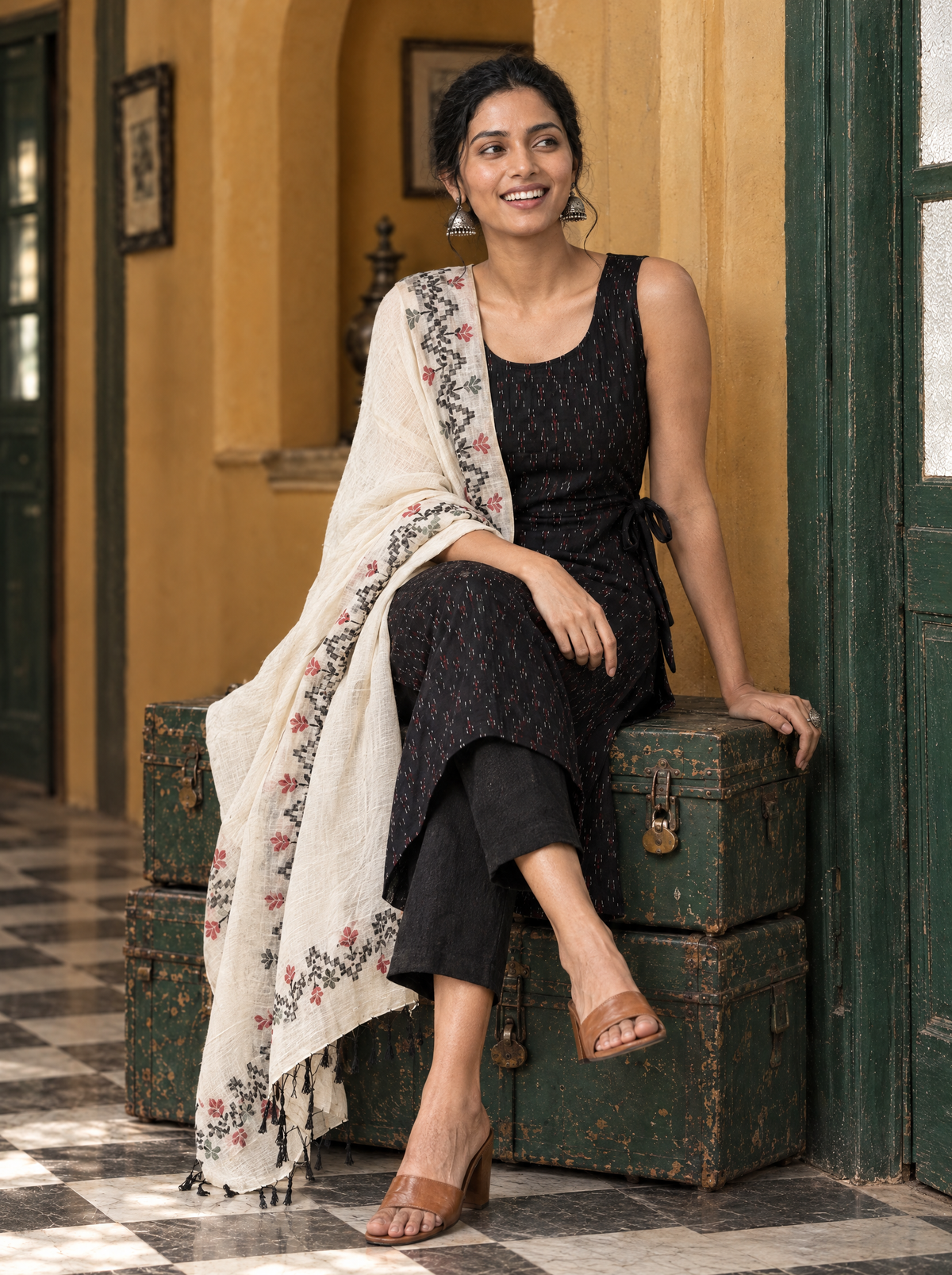 Kaniyal – Extra Weave Patterned Handloom Cotton Suit Set in Charcoal Black
