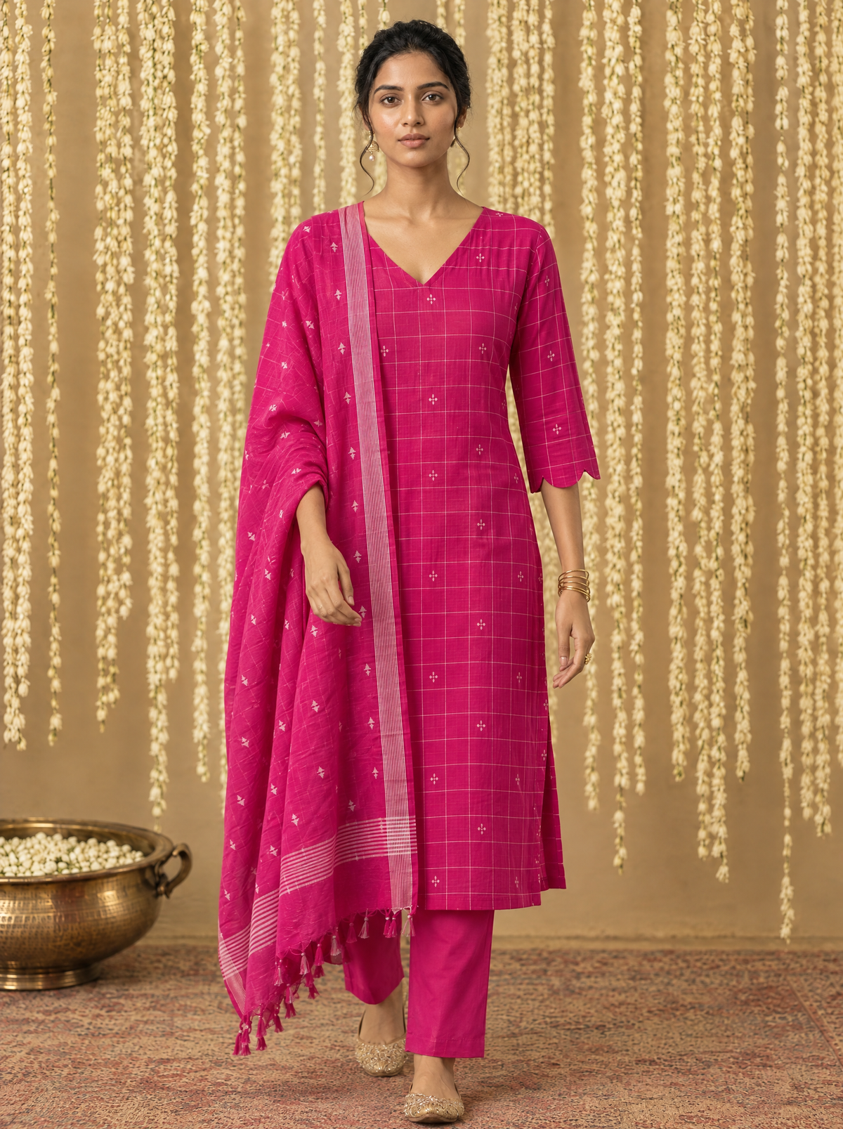 Nithila(Magenta Pink) – Grid & Jamdani Woven Handloom Cotton Suit Set in Magenta Pink