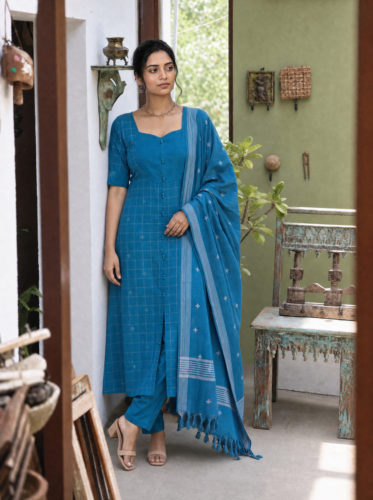 Nithila(Peacock Blue) – Grid & Jamdani Woven Handloom Cotton Suit Set in Peacock Blue