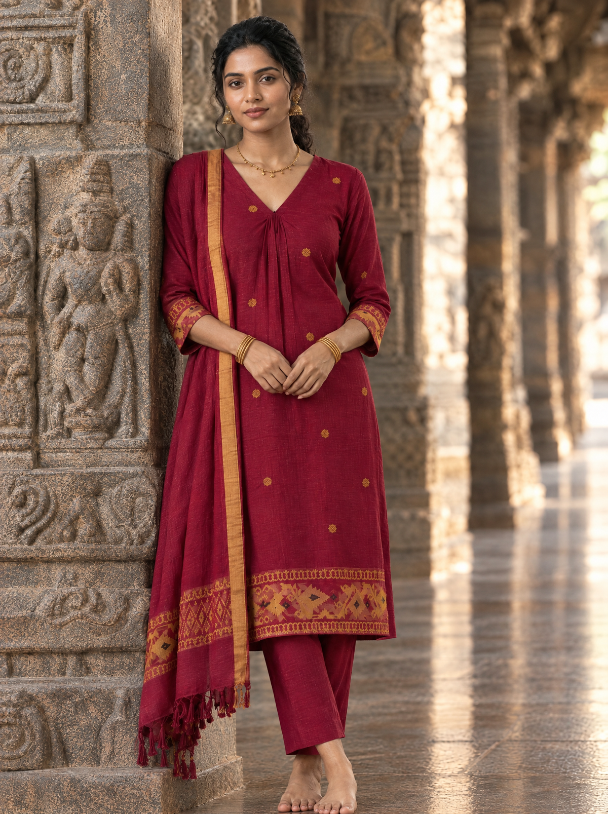 Aazhi – Extra Weave Floral Motif Handloom Cotton Suit Set in Maroon Red