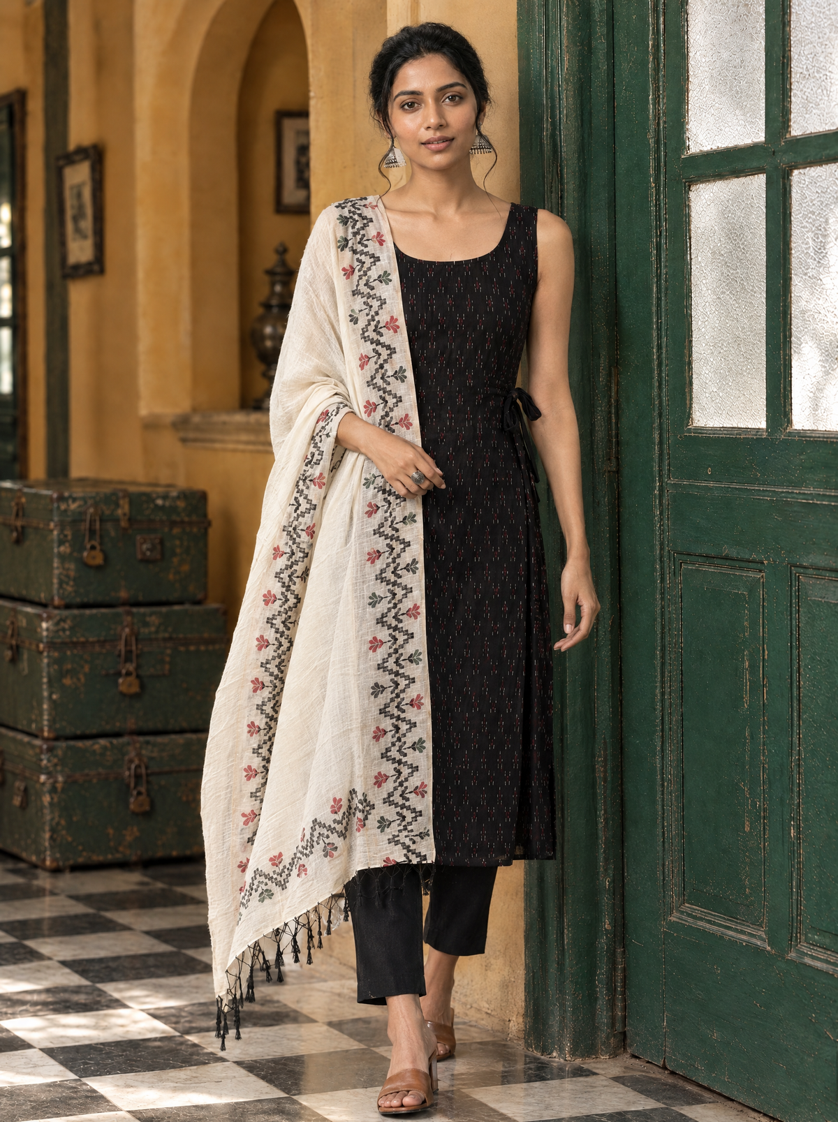Kaniyal – Extra Weave Patterned Handloom Cotton Suit Set in Charcoal Black