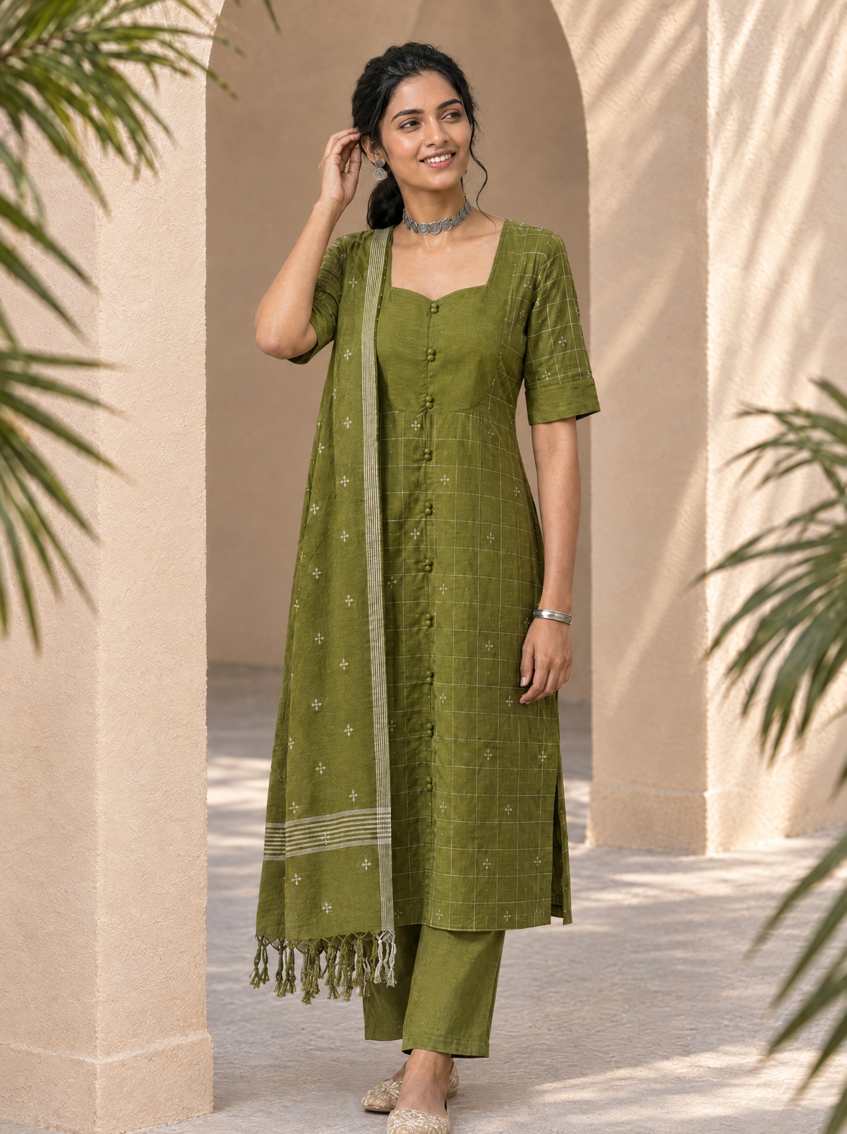 Nithila(Olive Green) – Grid & Jamdani Woven Handloom Cotton Suit Set in Olive Green