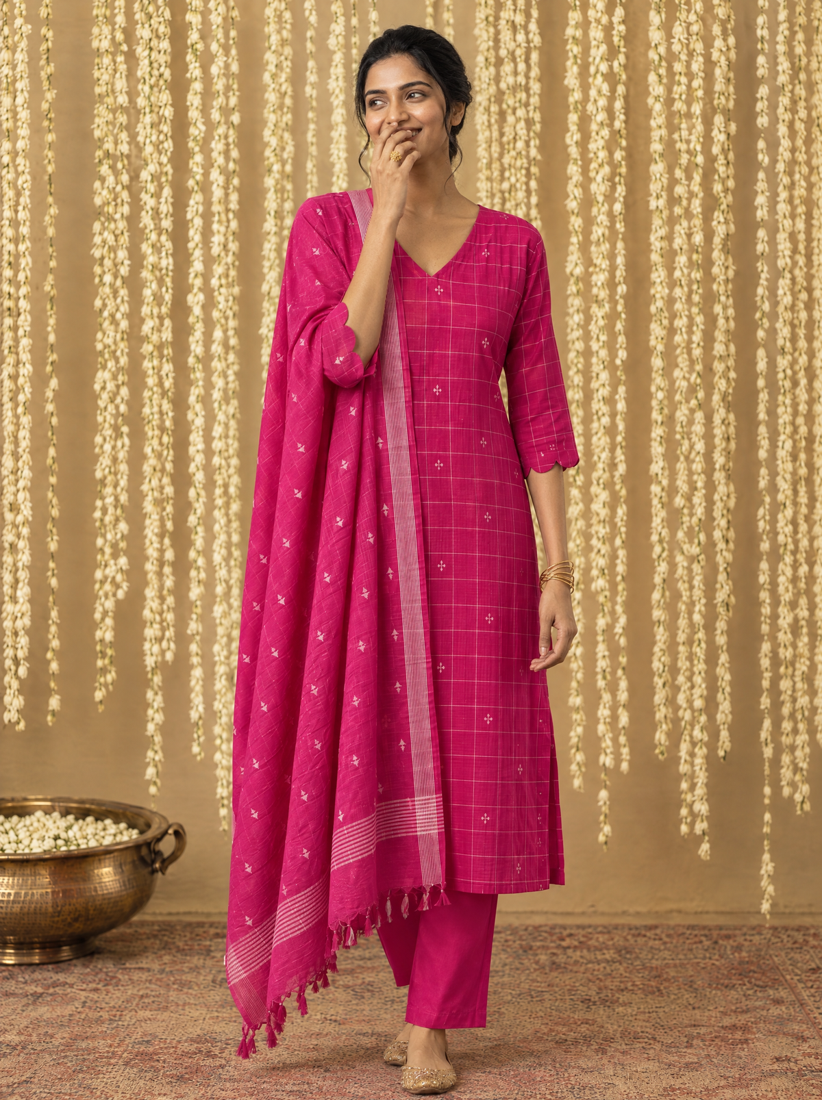 Nithila(Magenta Pink) – Grid & Jamdani Woven Handloom Cotton Suit Set in Magenta Pink