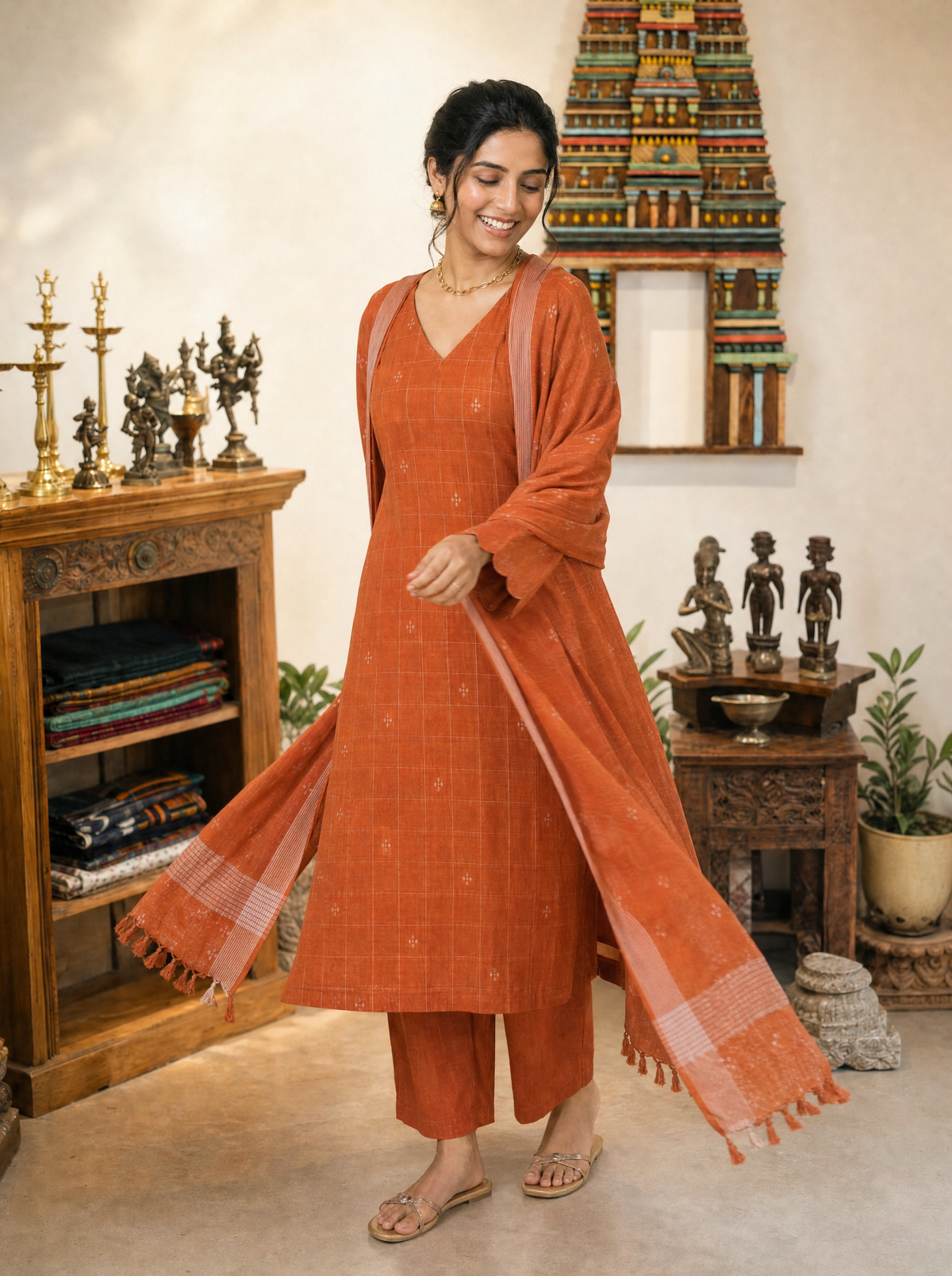 Nithila(Rust Terracotta) – Grid & Jamdani Woven Handloom Cotton Suit Set in Rust Terracotta