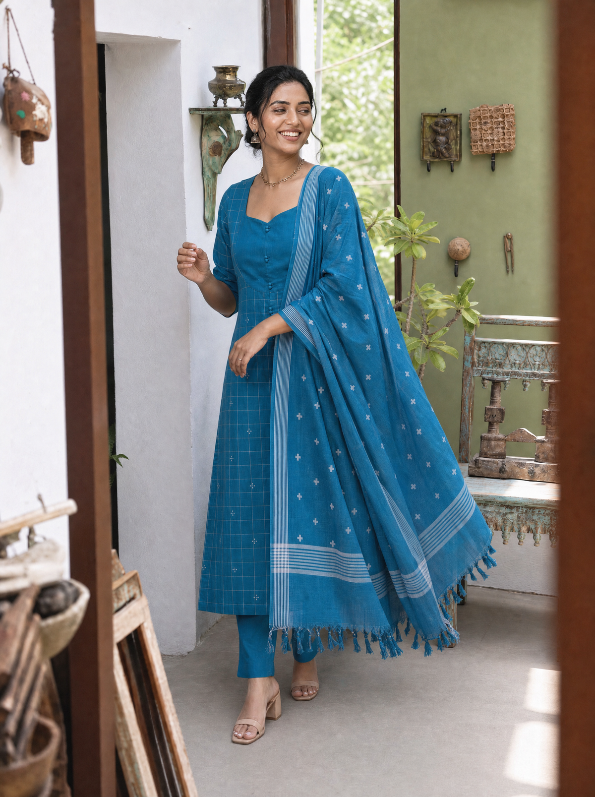 Nithila(Peacock Blue) – Grid & Jamdani Woven Handloom Cotton Suit Set in Peacock Blue