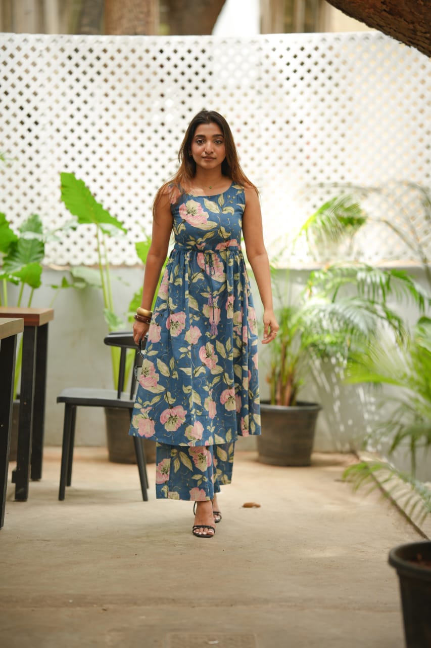 Jenny (blue) - blue floral abstract hand block printed A line cotton coord set