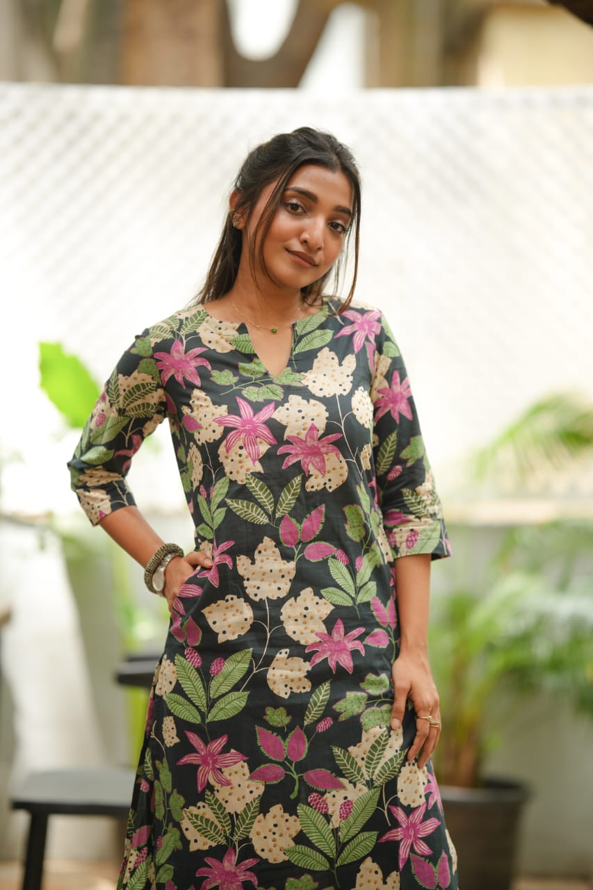 Jenny (black) - black floral abstract hand block printed cotton coord set