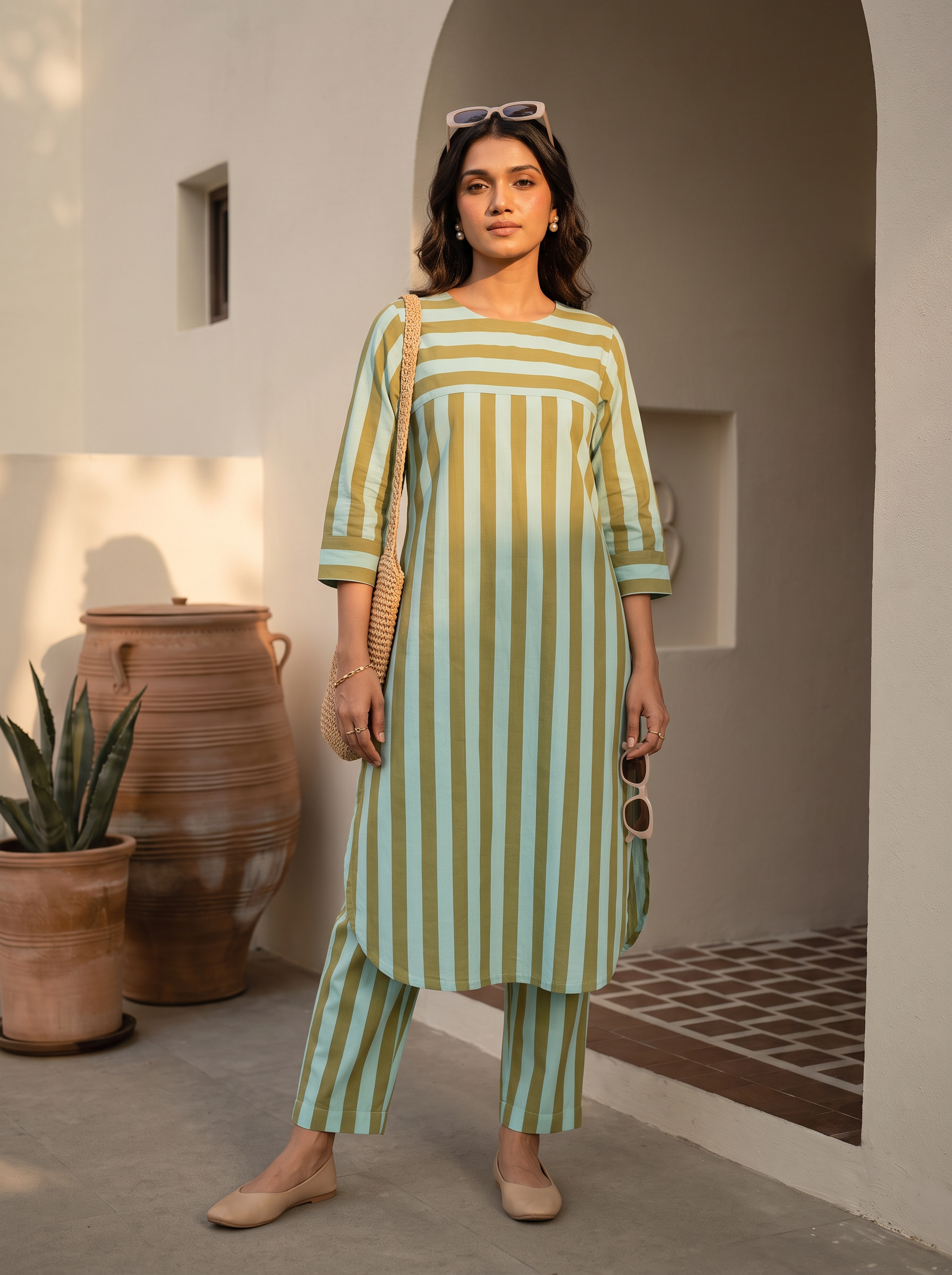 Aarini Co-ord Set – Striped handloom cotton Co-ord Set in Mint Green