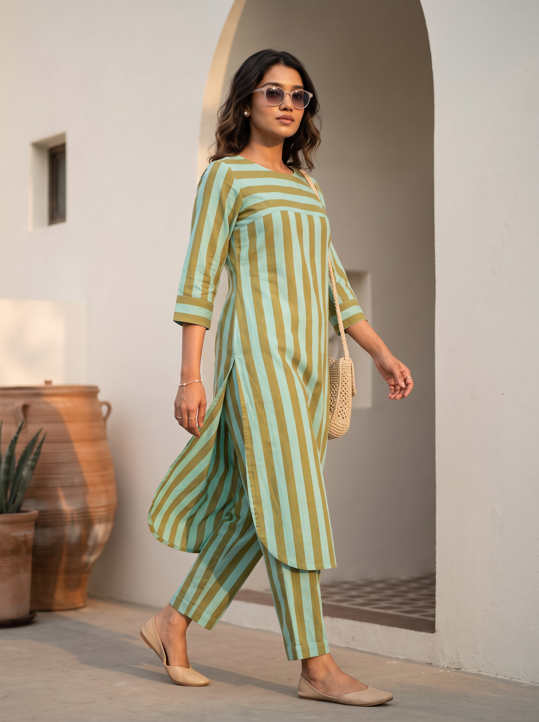 Aarini Co-ord Set – Striped handloom cotton Co-ord Set in Mint Green