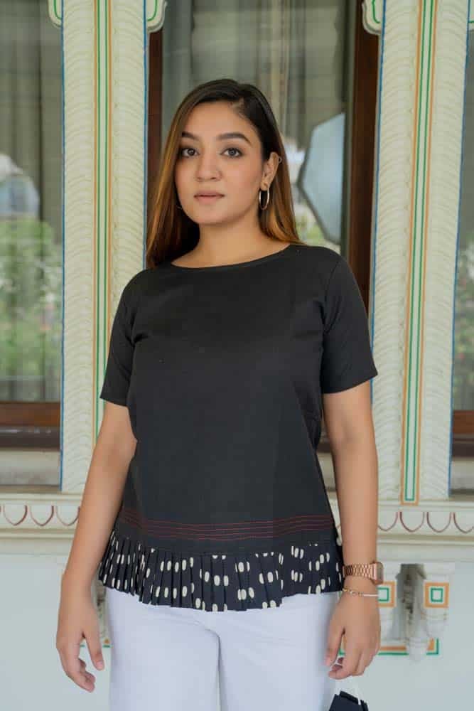 Black Handloom Cotton Tunic with Polka Ruffles - Organic cotton tunic top with polka ruffled in black