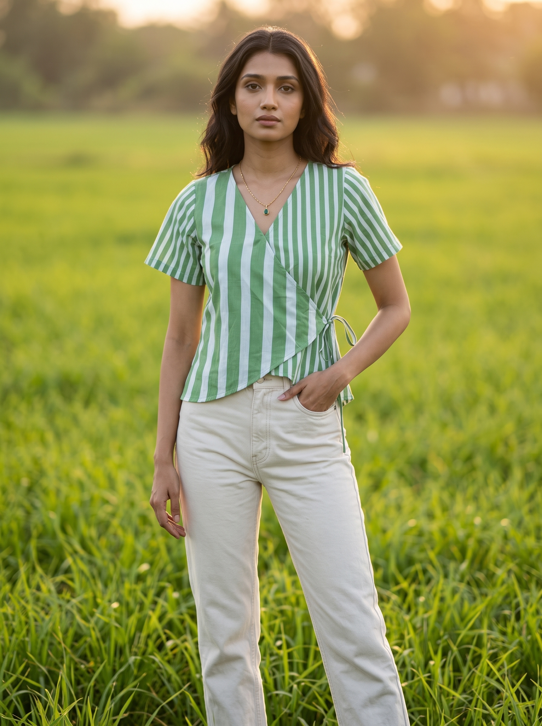 Crop Top #136 – Handloom Organic Cotton Top with Vertical Stripes in Mint Green