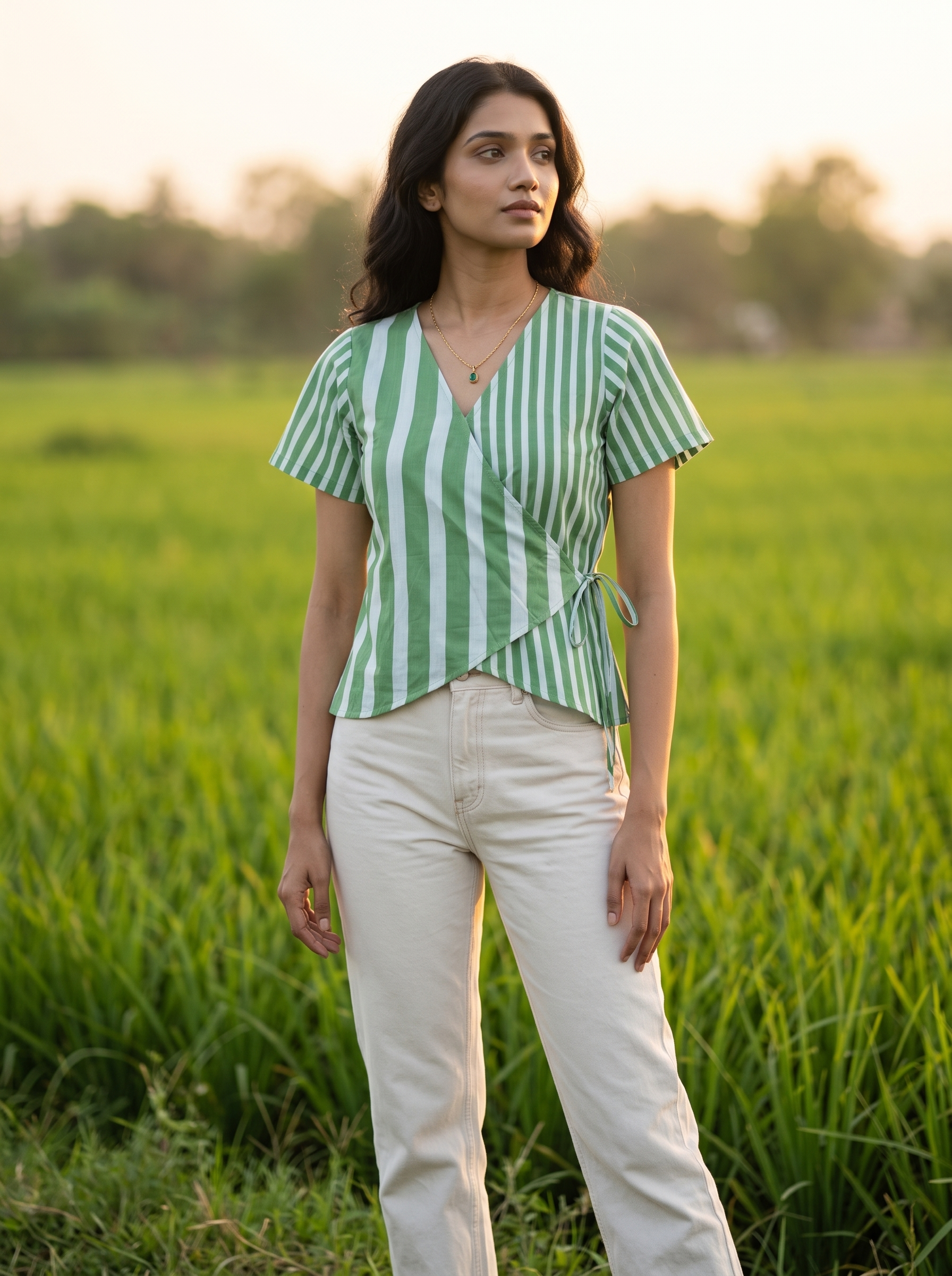 Crop Top #136 – Handloom Organic Cotton Top with Vertical Stripes in Mint Green