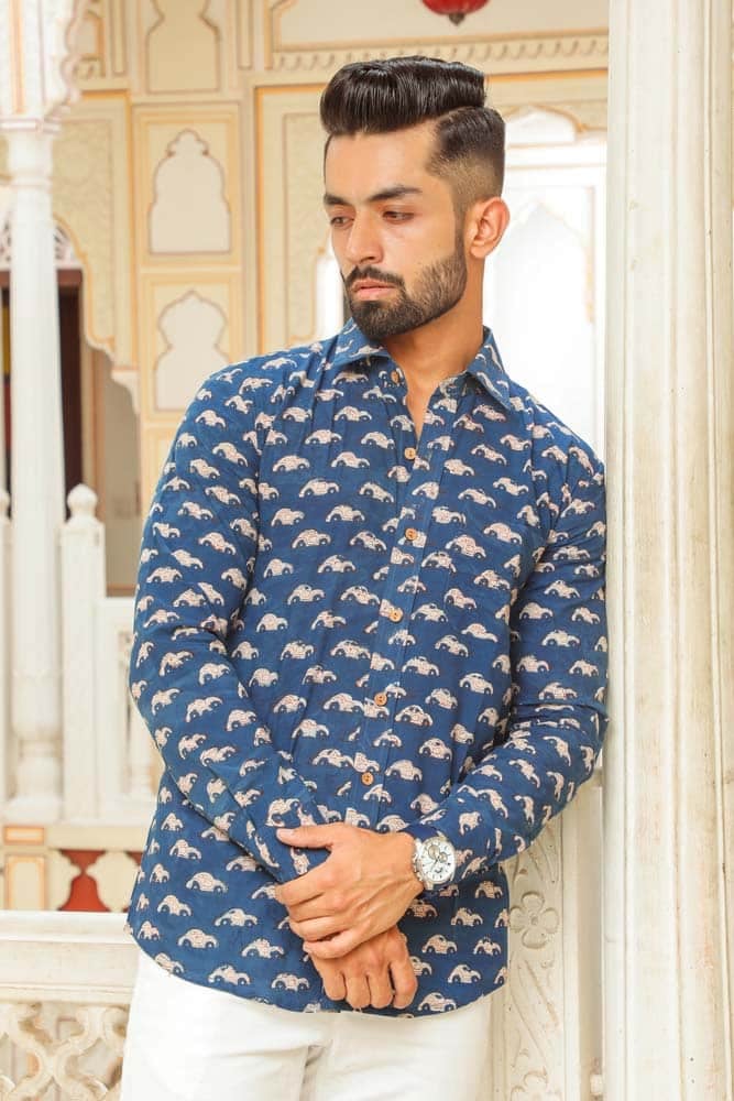 Car printed shirt -  handblock car printed shirt in blue
