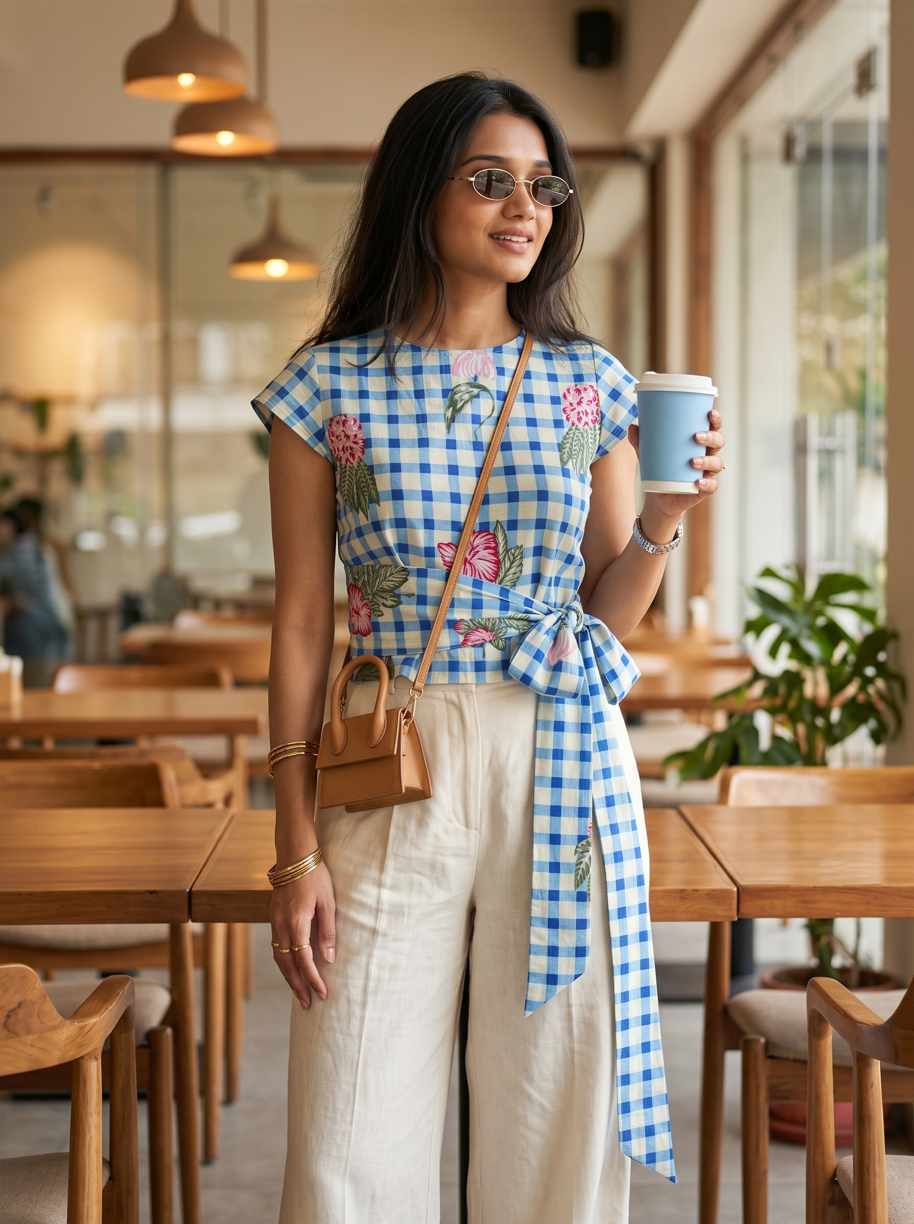 Crop Top #134 – Handloom Organic Cotton Top with Blue Checks & Floral Print in Sky Blue