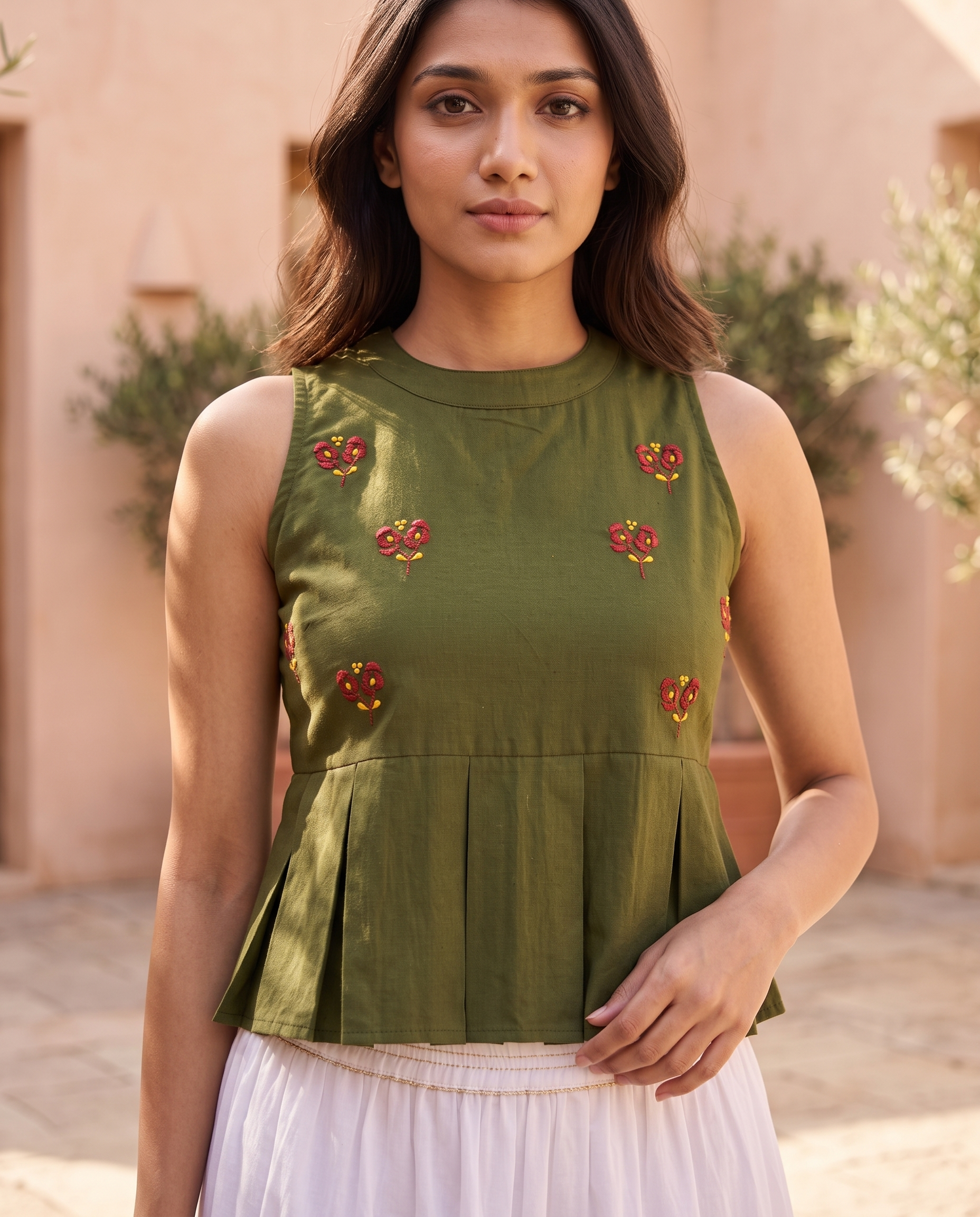 Crop Top #147 – Handloom Organic Cotton Top with Floral Embroidery in Olive Green