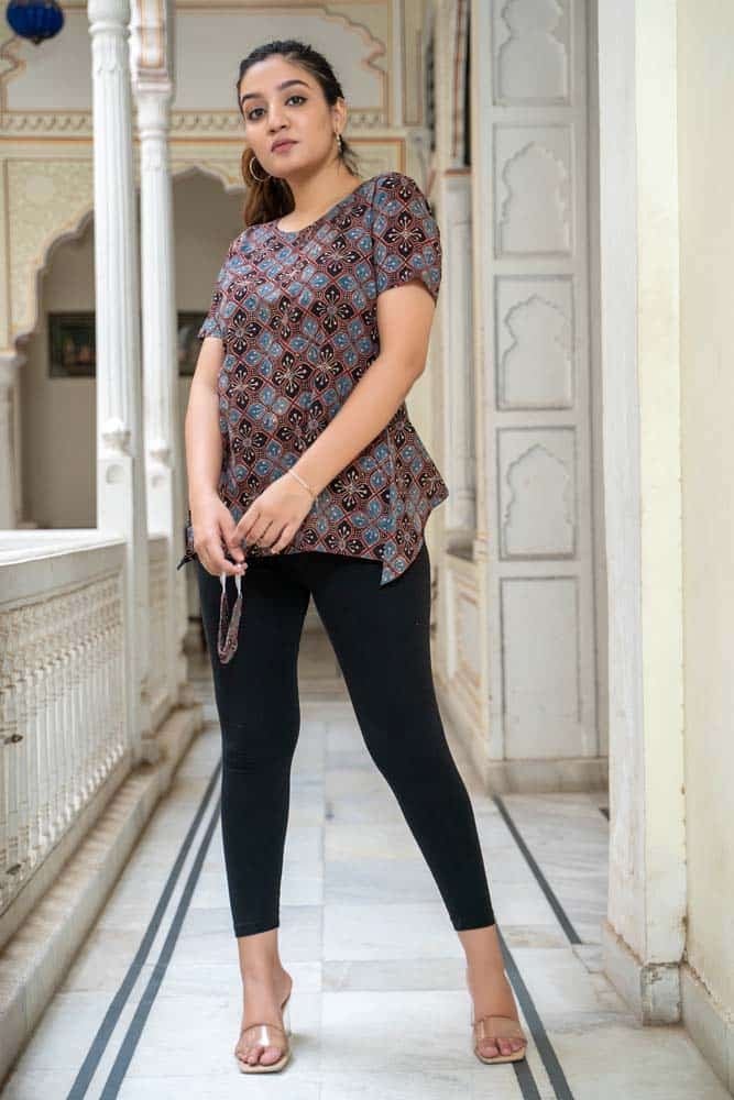 Kalamkari Floral Motif Back Slit Top - kalamkari Floral Motifs organic cotton slit top in blue and red