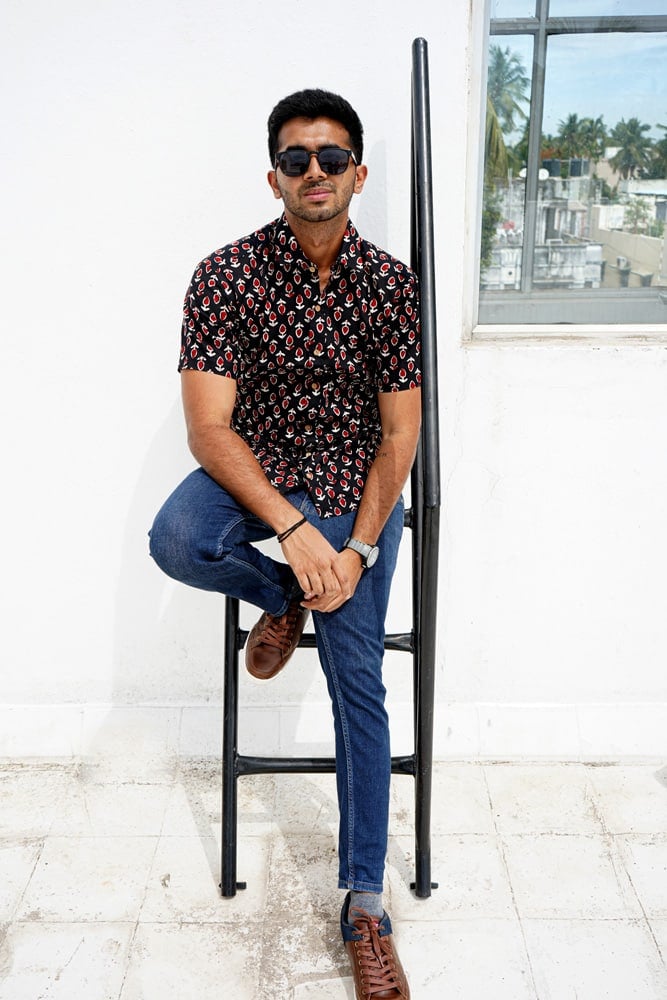 Vihaan -  hand block ajrakh dabu printed half hand cotton shirt in black and red