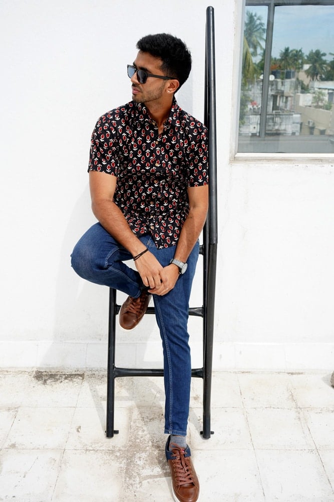 Vihaan -  hand block ajrakh dabu printed half hand cotton shirt in black and red