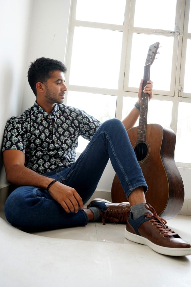 Rahul - hand block dabu floral printed half hand cotton shirt in black