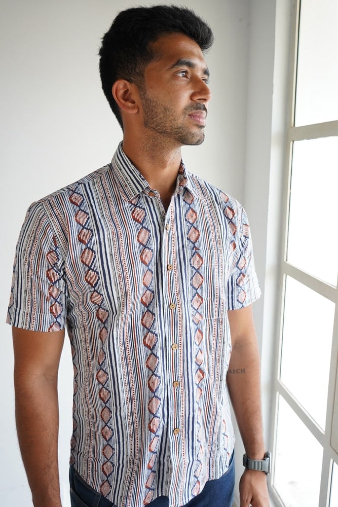 Sathya - Abstract printed half hand cotton shirt in shades of blue
