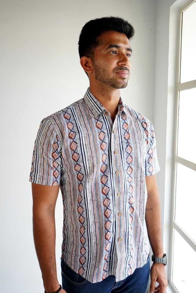 Sathya - Abstract printed half hand cotton shirt in shades of blue